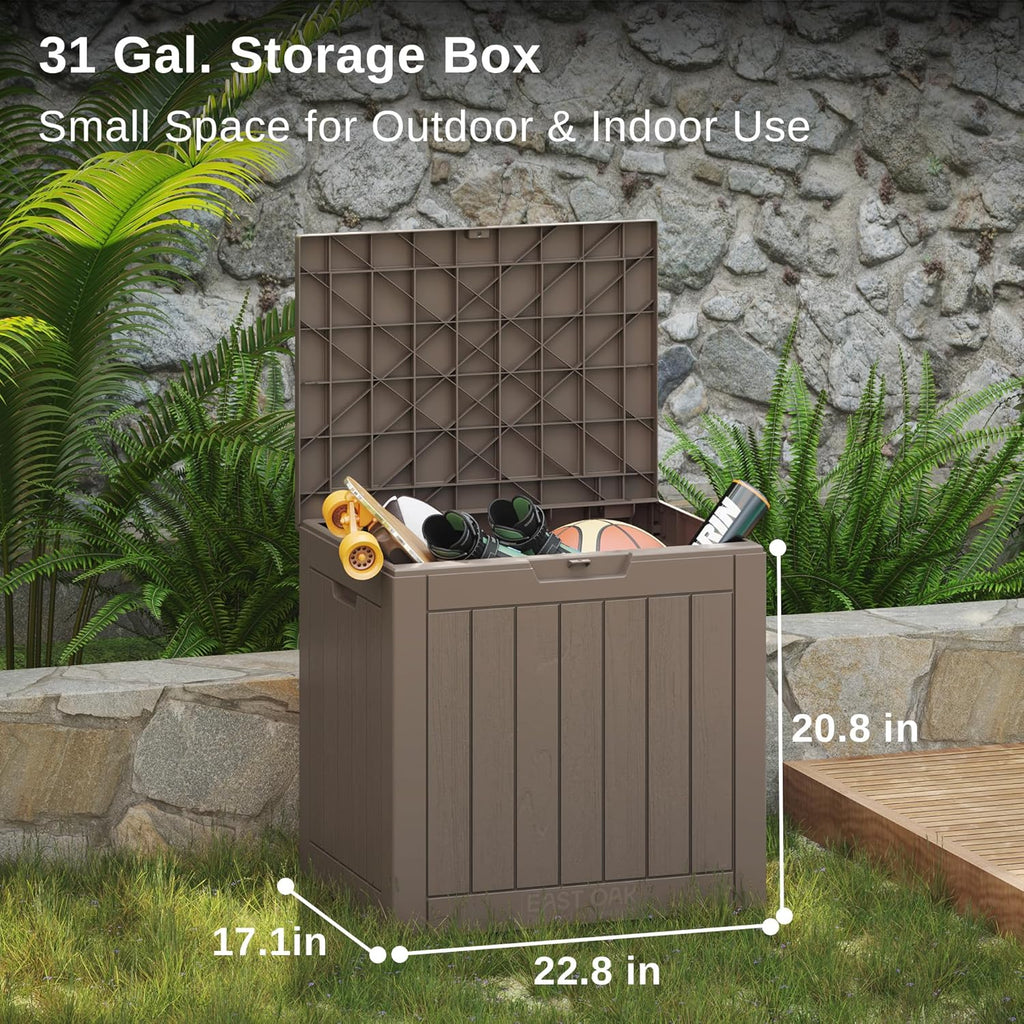 EAST OAK Outdoor Storage Box, 31 Gallon Deck Box, Waterproof Resin Storage Bin for Patio Cushions, Gardening Tools, Accessories, Lockable, UV Resistant, Brown