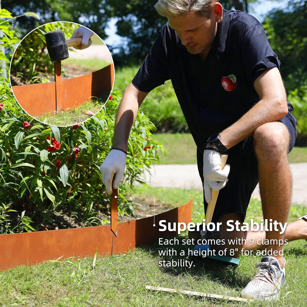 Solution4Patio 8-Pack Corten Steel Garden Landscape Edging with 9X Clips, 6" H Hammer-in Heavy Duty Bendable Metal Pre-Rusted Border Edging Strips for Lawn, Yard (26ft Total)
