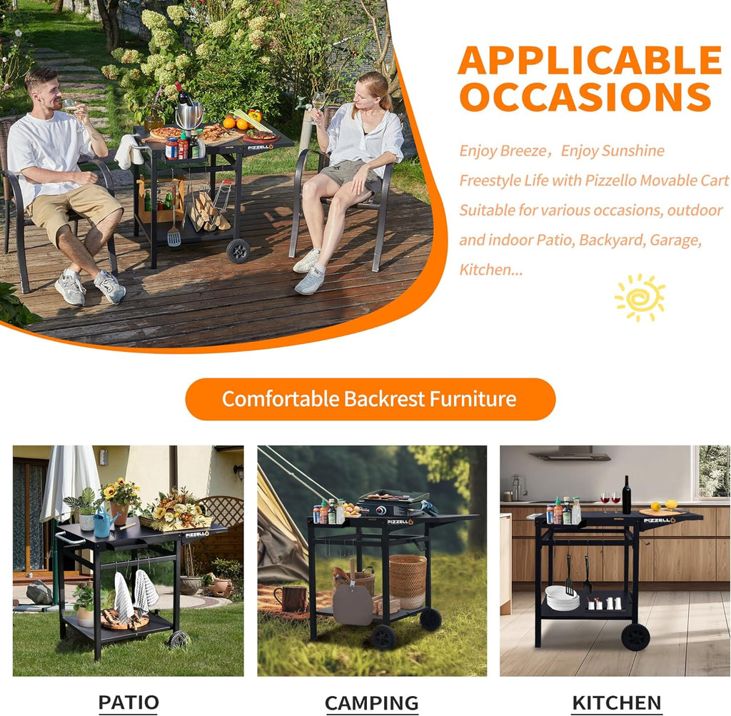 Outdoor Grill Table Cart 35" x 22" Movable Pizza Oven Stand Foldable Double-Shelf Grill Cart Food Prep Trolley Dining Cart Fit for Ooni Ninja Woodfire Blackstone Pizza Oven