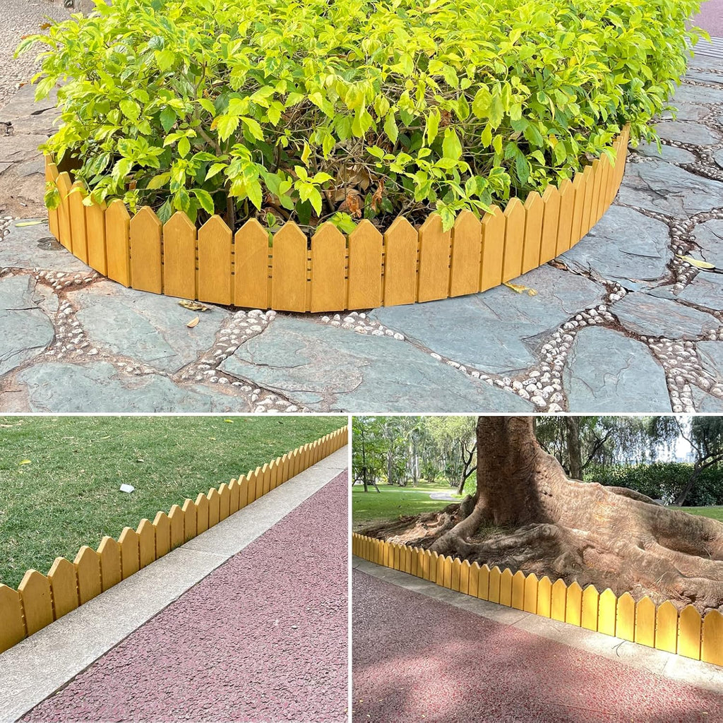 Landscape Edging Kit 6.7 in Tall Decorative Double-Sided Wood-Look Fence Garden Border, Flower Bed Edging with 30 Anchoring Spikes, 13.9 Foot Kit (Wood)