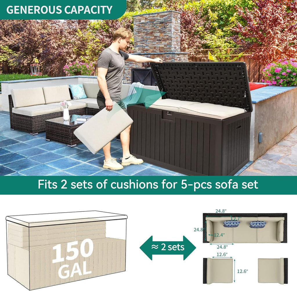 YITAHOME 150 Gallon Double-Wall Deck Box with Side Handles, Outdoor Large Storage for Patio Furniture Cushions, Garden Pool Accessories, Water Resistant & Lockable