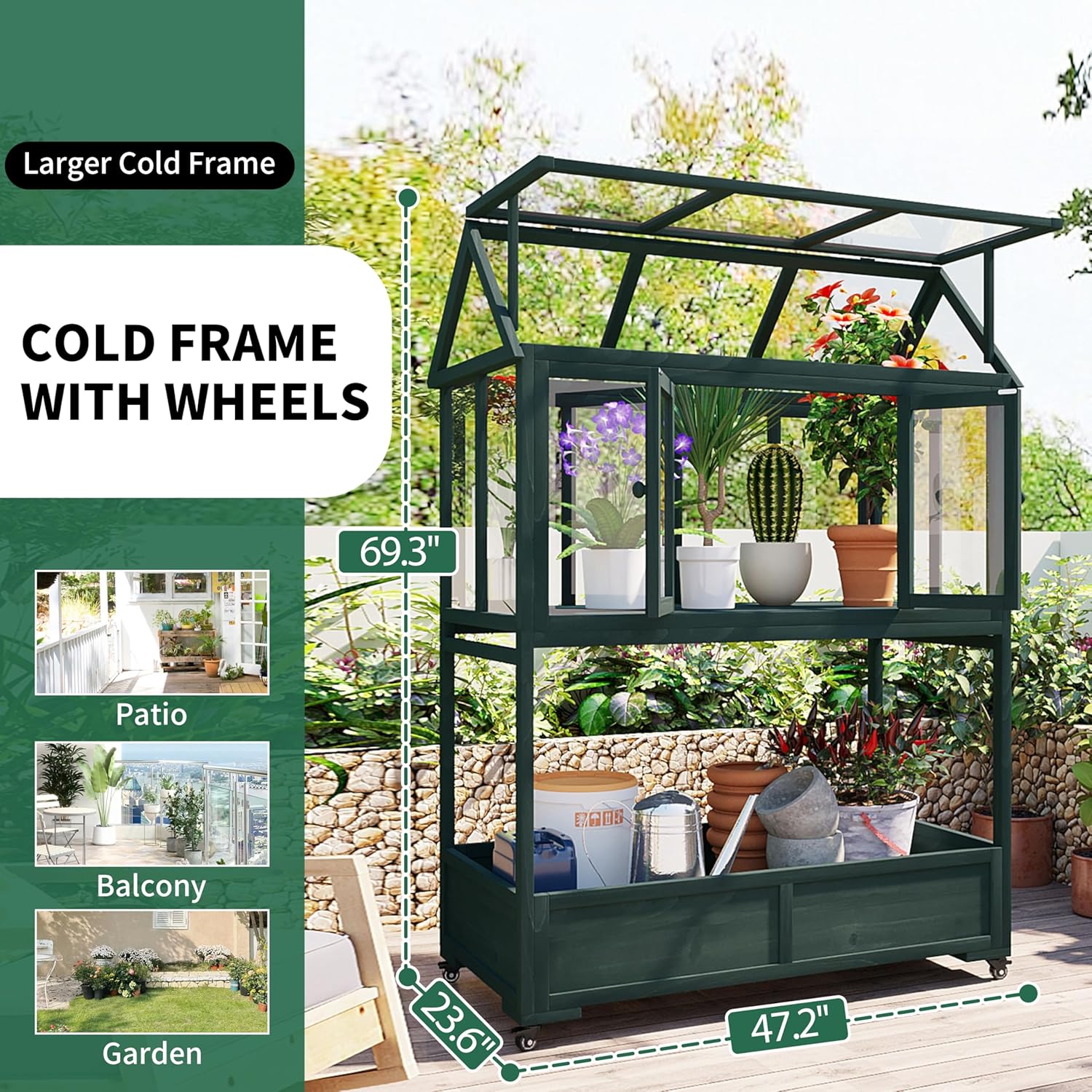 Merax 69" Wooden Greenhouse with Wheels - Portable Cold Frame for Balcony/Patio, UV-Resistant Indoor Outdoor Plant Growing Cabinet (Large, Heavy-Duty) (Forest Green)