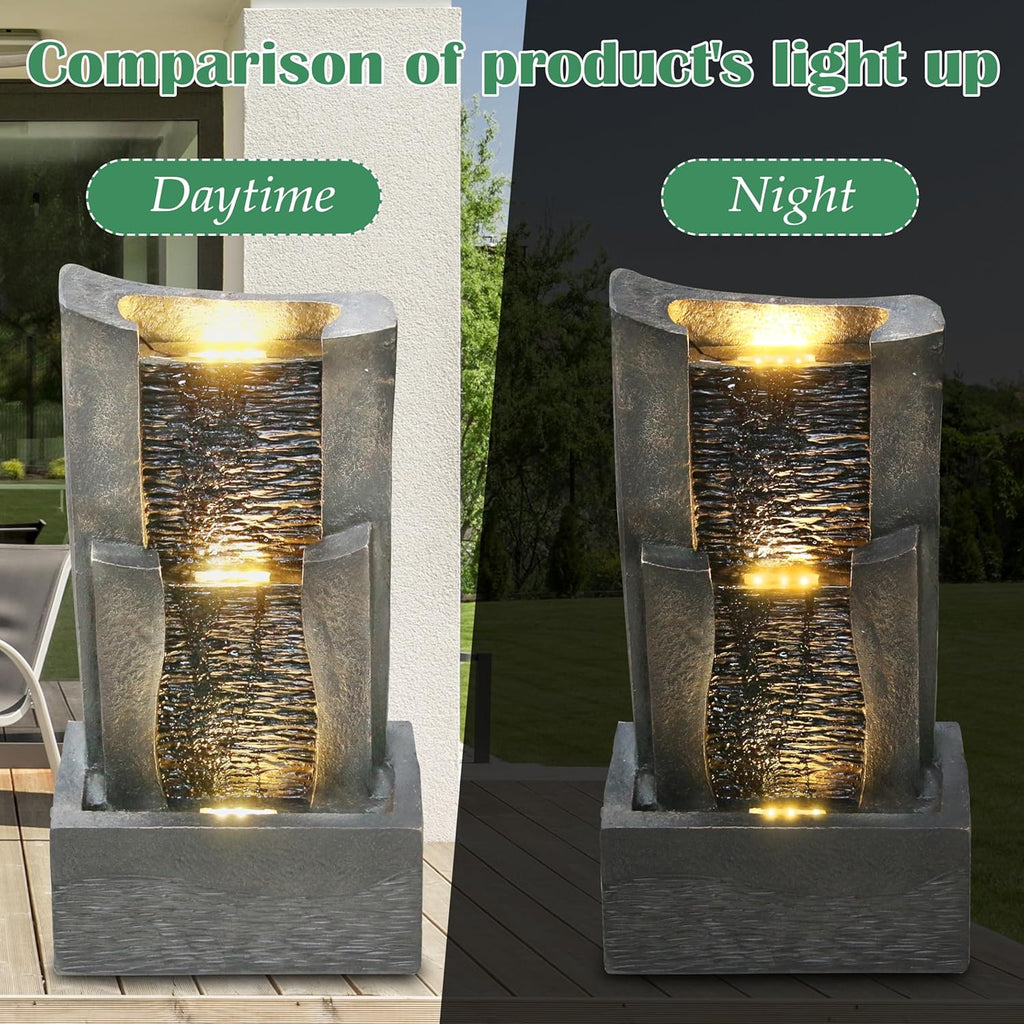 3-Tiers Outdoor Rock Water Fountain with LED Light, Standing Cascading Water Feature, Faux Stone Waterfalls Fountain Decor for Garden Patio Yard Lawn and Deck (Grey)