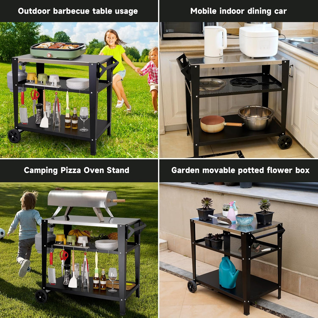 Stainless Steel Outdoor Grill Cart with Wheels, Heavy-Duty 3-Tier BBQ Prep Table for Pizza Oven, Griddle, Patio – Rustproof Commercial Kitchen Cart with Tool Hooks