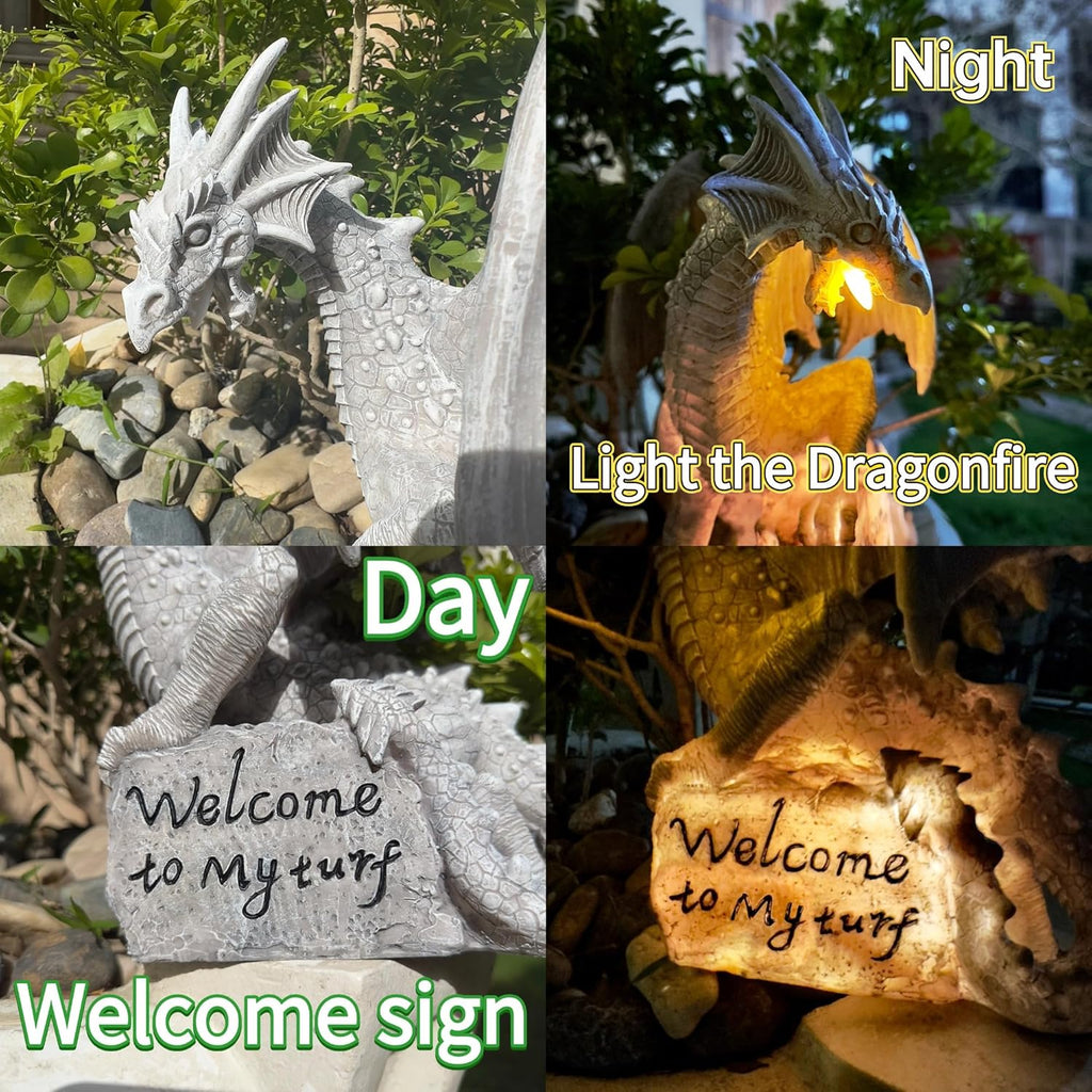 Garden Large Dragon Statue Solar Powered Outdoor Figurine Light The Dragonfire Welcome to My Turf Sign Big Resin Sculpture Home Decoration Housewarming Ornament Unique Gift