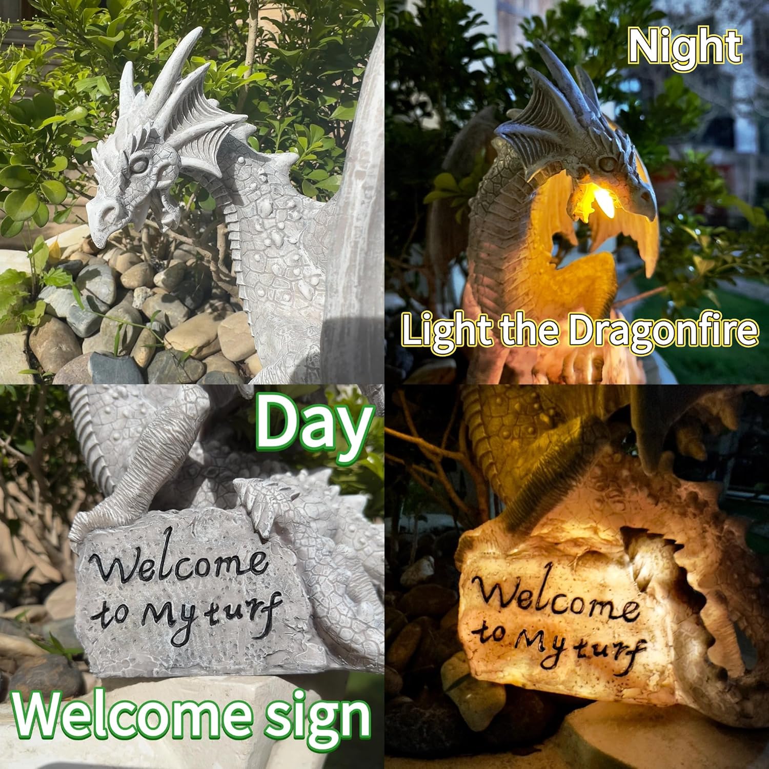 Garden Large Dragon Statue Solar Powered Outdoor Figurine Light The Dragonfire Welcome to My Turf Sign Big Resin Sculpture Home Decoration Housewarming Ornament Unique Gift