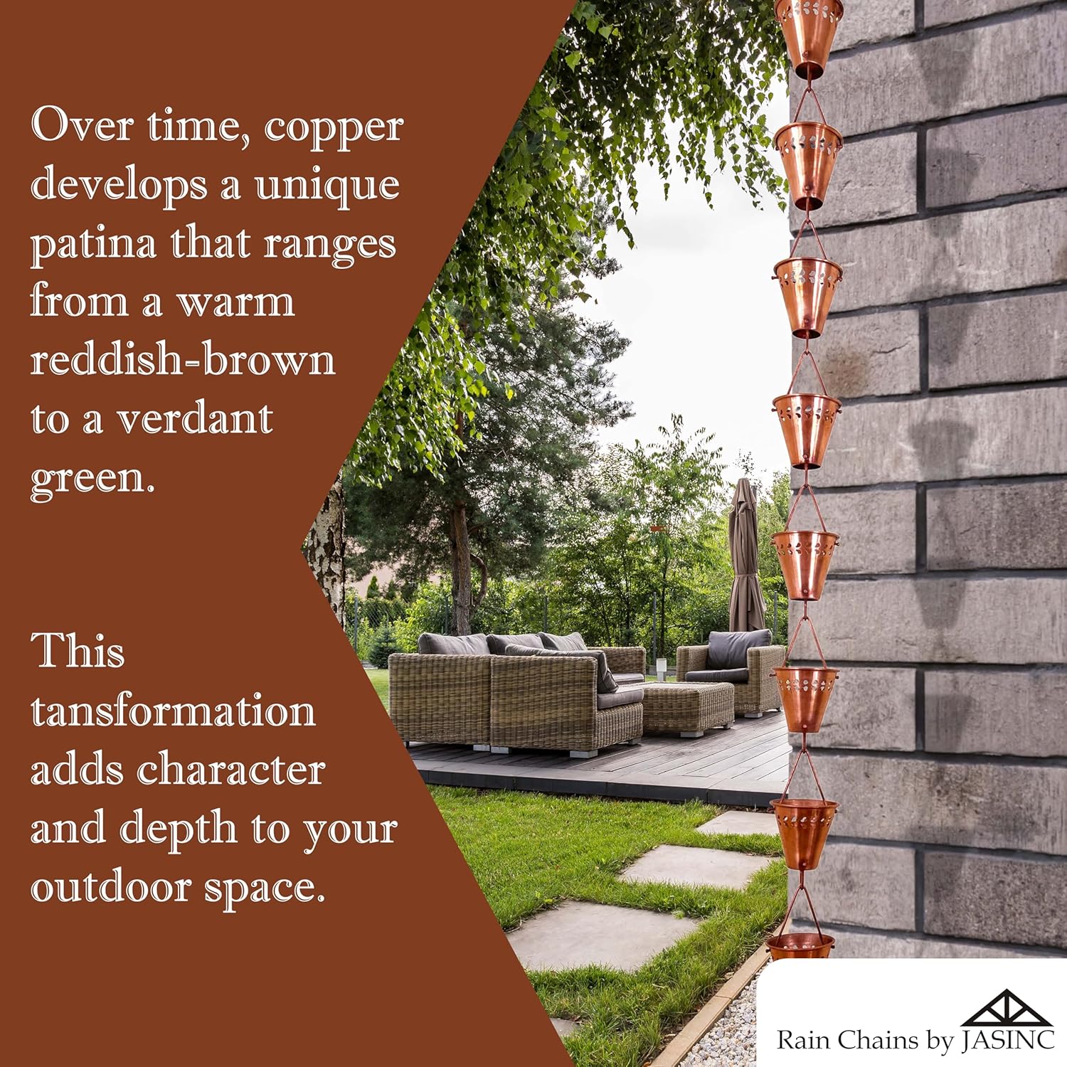 8.5 ft Fiona Cups Pure Copper, to Replace Roof Gutter Downspout, with Installation Kit, Rainwater Catcher/Water Diverter, JAS3004C