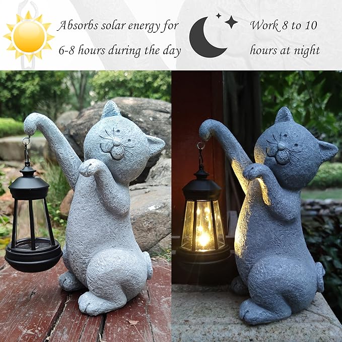 Cat Solar Garden Statues,Resin Cat Figurine Decorations with Solar Lights Lantern, Outdoor Figurines Lawn Cats Statue Decor Art for Lawn,Yard, Balcony Ornament,Gift for Garden Home Mom.