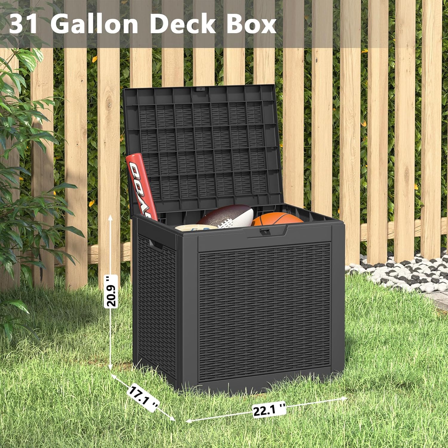 31 Gallon Deck Box, Resin Outdoor Storage Box, Waterproof and UV Resistant Deck Box, Lightweight Storage Box for Garden Tools, Pool Supplies