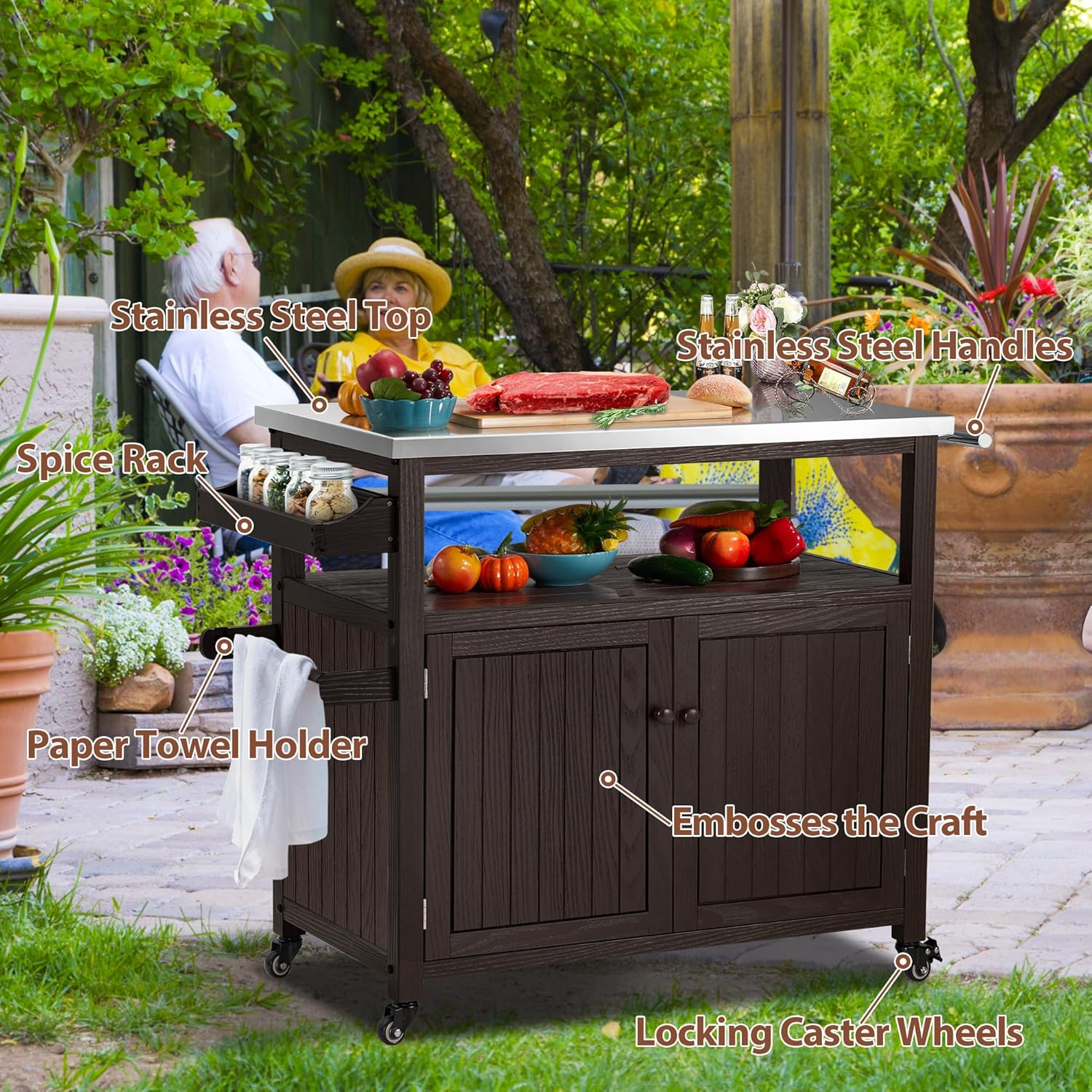 Spurgehom Outdoor Grill Table Solid Wood Storage Cabinet, Rolling Kitchen Island, Movable Bar Cart with Stainless Steel Top for Outside Patio, Backyard, Garden (Two Doors)