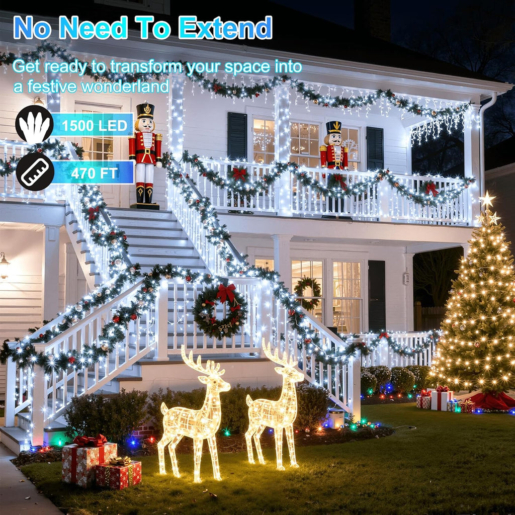 1500LED Christmas Lights Outdoor Use, 470ft 12 Modes Cool White LED String Lights with Timer Dimmable, Waterproof Christmas Tree Lights for Xmas Patio Yard Fence Balcony Garden Decor Cool White