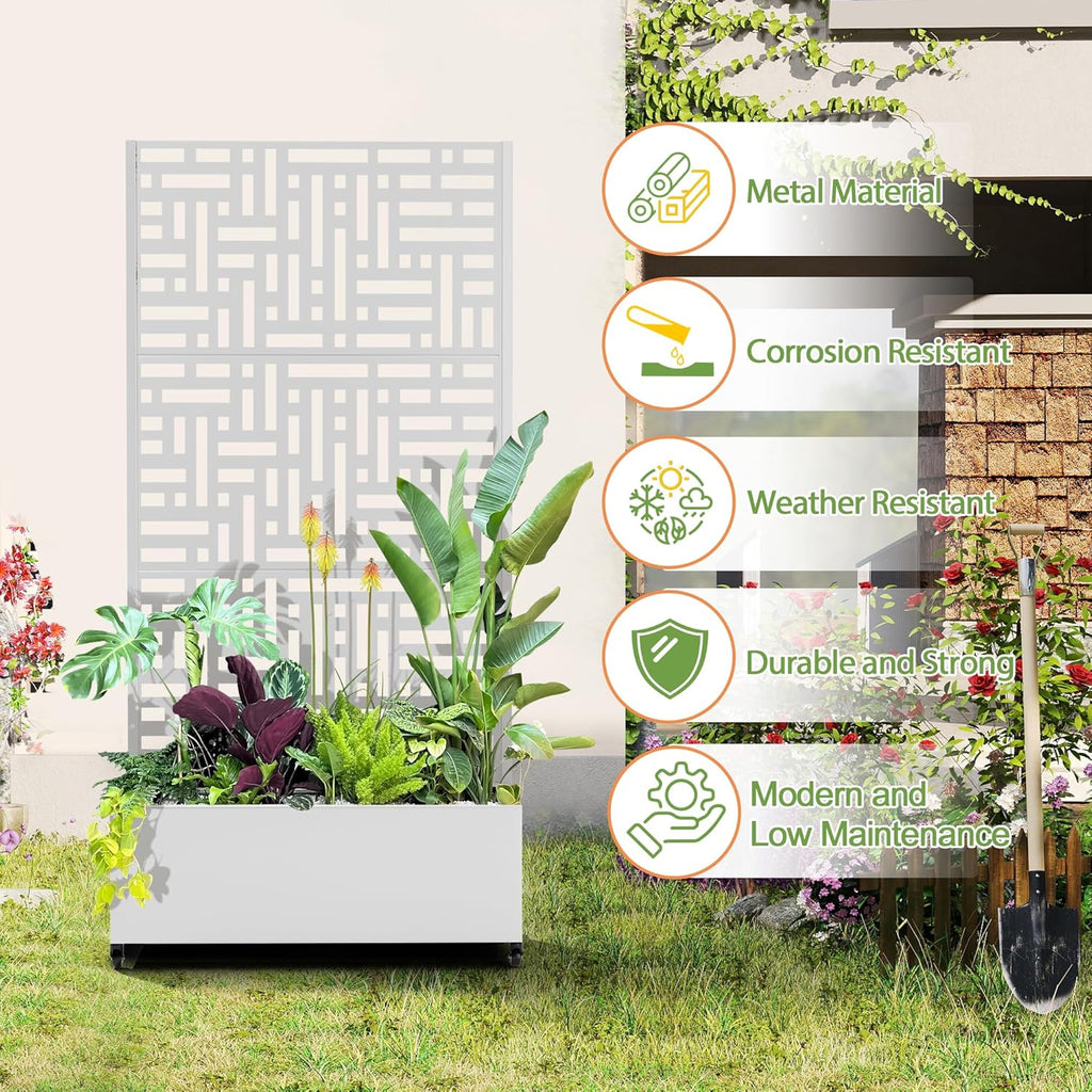 Raised Garden Bed with Trellis and Wheels,73"x35"x16" Metal Raised Garden Bed,White Modern Metal Planter with Climbing Trellis for Vines & Vegetables