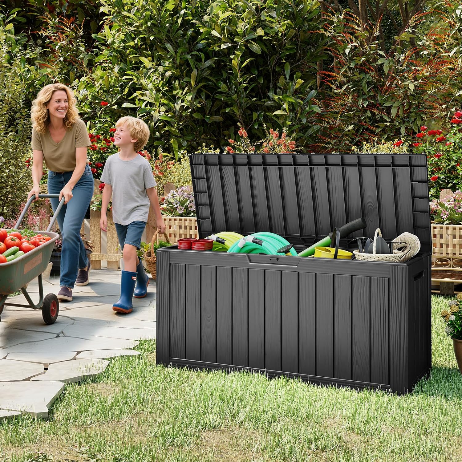 Outdoor Storage Box, 72 Gallon Waterproof Resin Deck Box, Storage Bin for Package Delivery, Patio Furniture Cushion, Garden Tools, Pool Accessories, Weatherproof and UV Resistant, Black