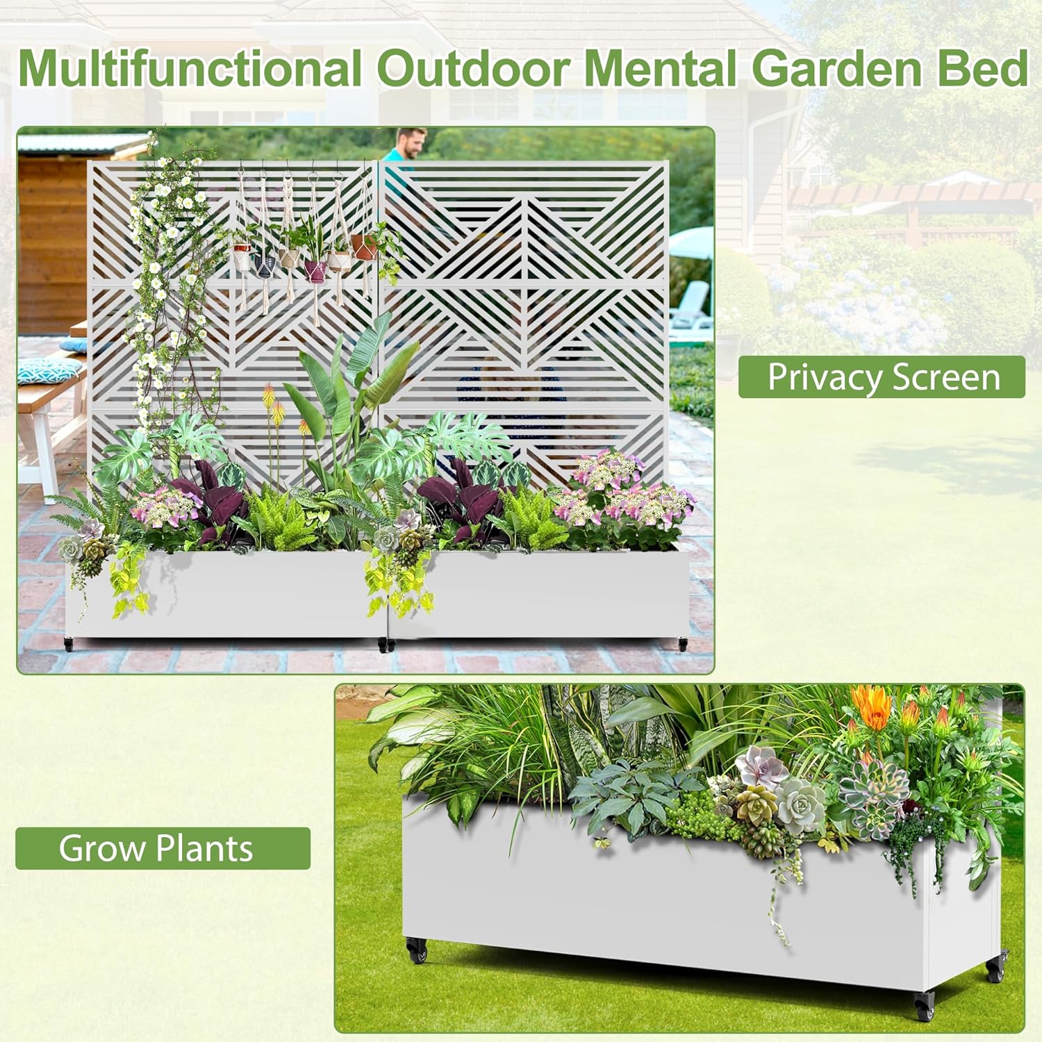 Raised Garden Bed with Trellis and Wheels,73"x47"x16" Metal Raised Garden Bed,White Diamond Metal Planter with Climbing Trellis for Vines & Vegetables