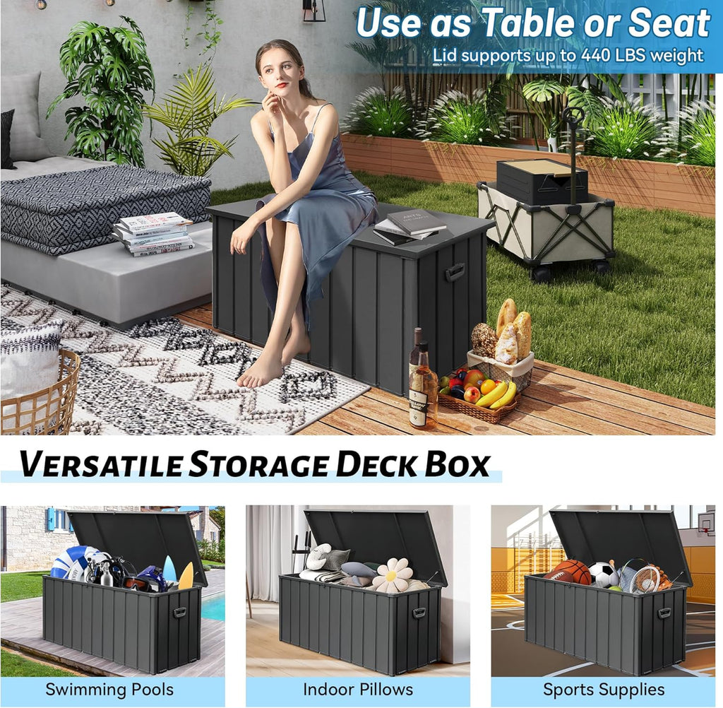 190 Gallon Metal Deck Box, Waterproof Steel Outdoor Box, Large Patio Furniture Storage Cabinet, Lockable Storage Bench for Porch Package Delivery, Pillows, Cushions, Pool, Tools, Backyard, Grey