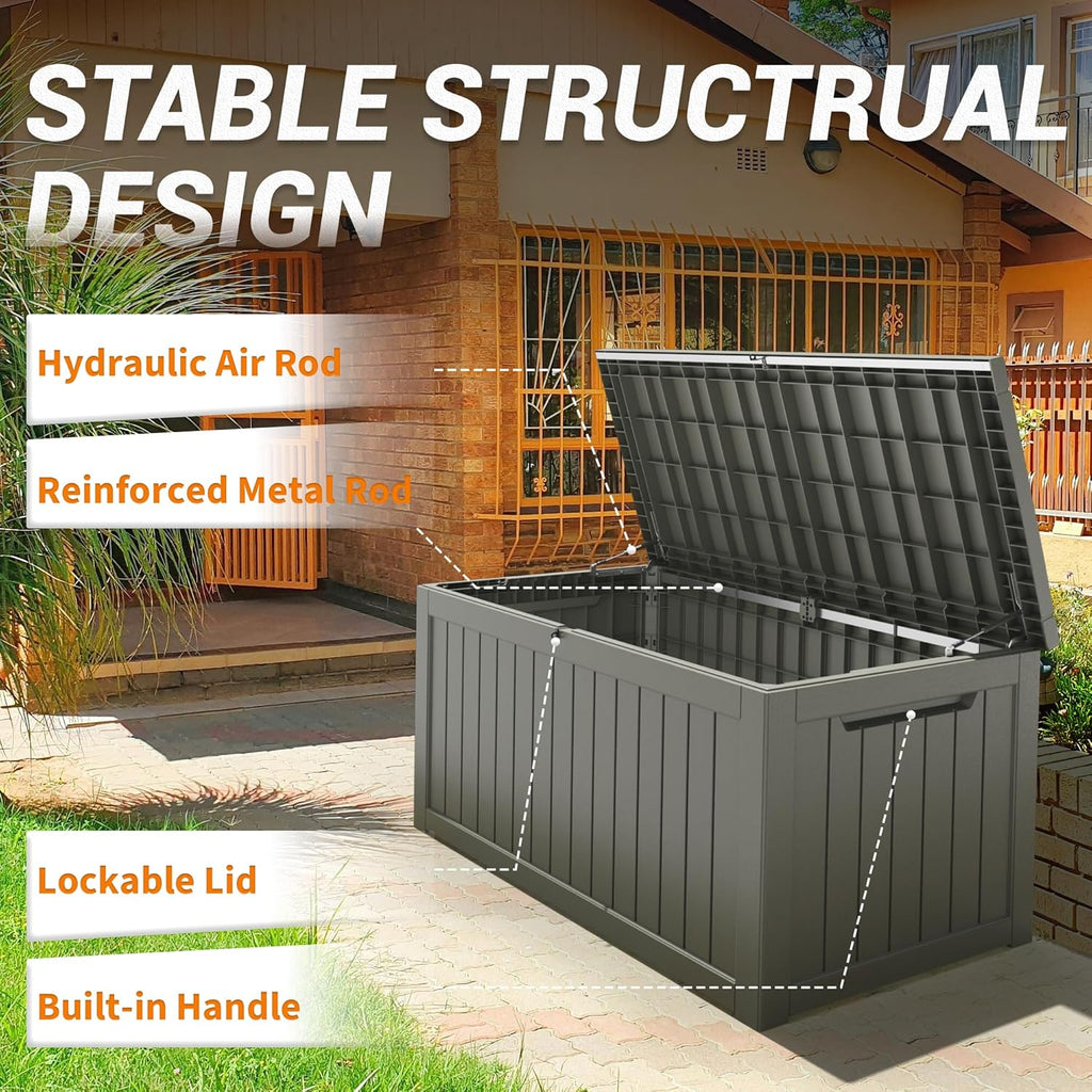 NUNU LAB 230 Gallon Large Resin Deck Box, Waterproof Outdoor Storage Box, Lockable Storage Bin for Patio Furniture, Garden Tools, Pool Accessories, UV-Resistant & All-Weather, Grey