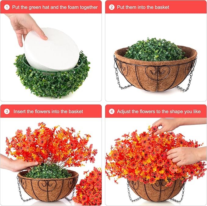 Artificial Fake Fall Autumn Hanging Mums Flowers Plants Basket for Outdoor Outside Decor, Faux Silk Orange Dasiy Flower Look Real UV Resistant for Porch Home Patio Garden Decoration