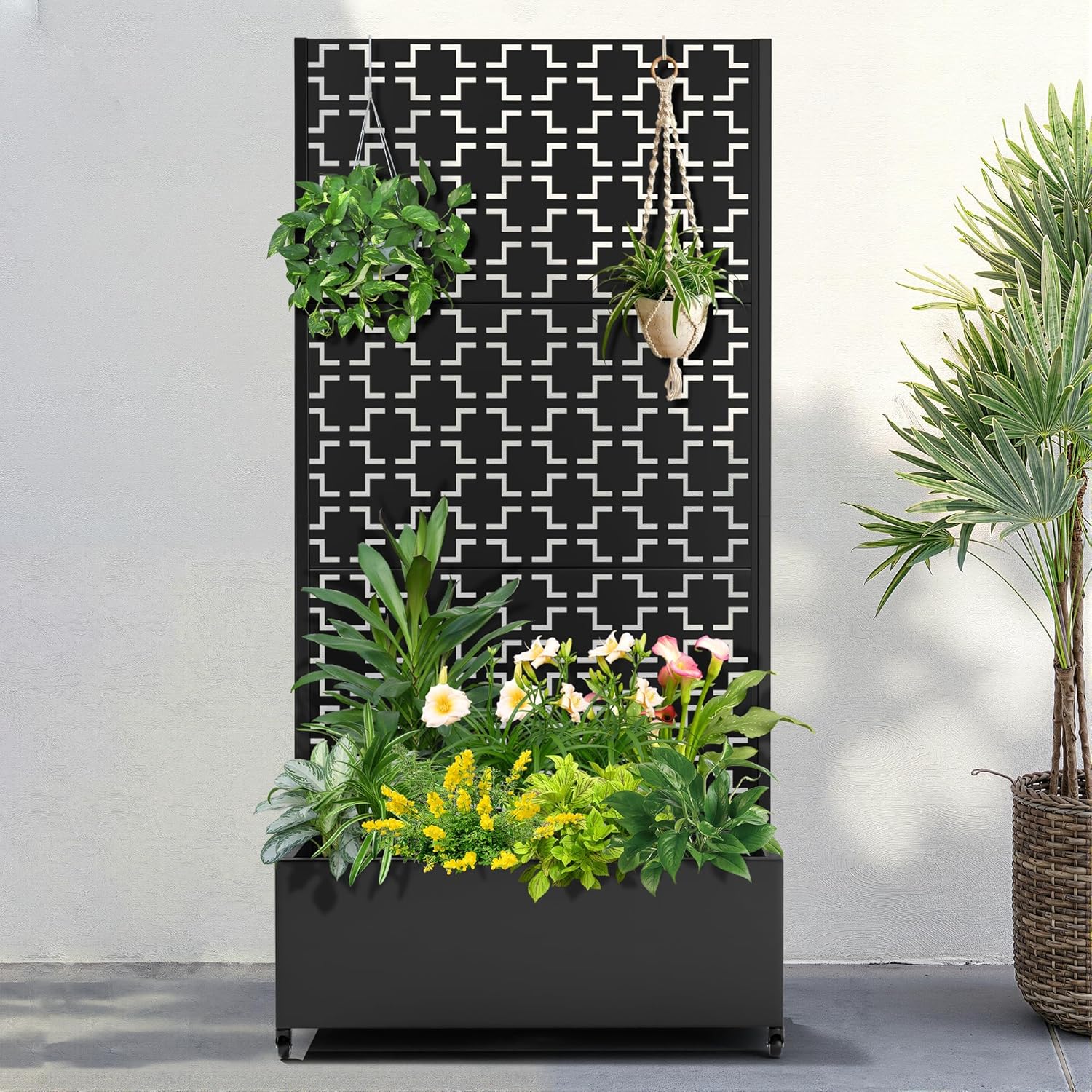 FENCY Metal Raised Garden Bed with Wheels and Trellis,73"x35"x16" Planter Box for Climbing Plants, Vegetables & Vines, Features Privacy Screen and Drainage Holes (Black-Square)