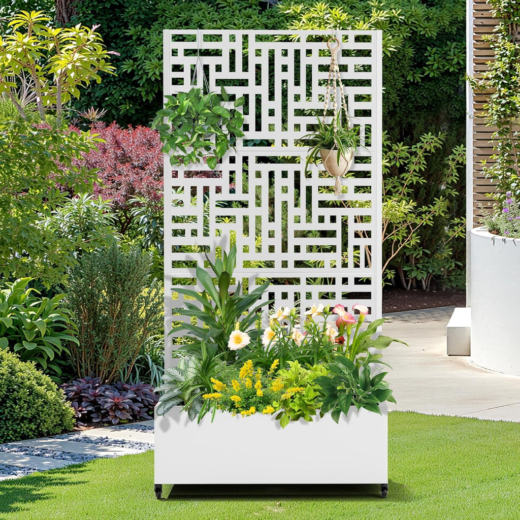 FENCY Metal Raised Garden Bed with Wheels and Trellis,73"x35"x16" Planter Box for Climbing Plants, Vegetables & Vines, Features Privacy Screen and Drainage Holes (White-Geometric Lattice)