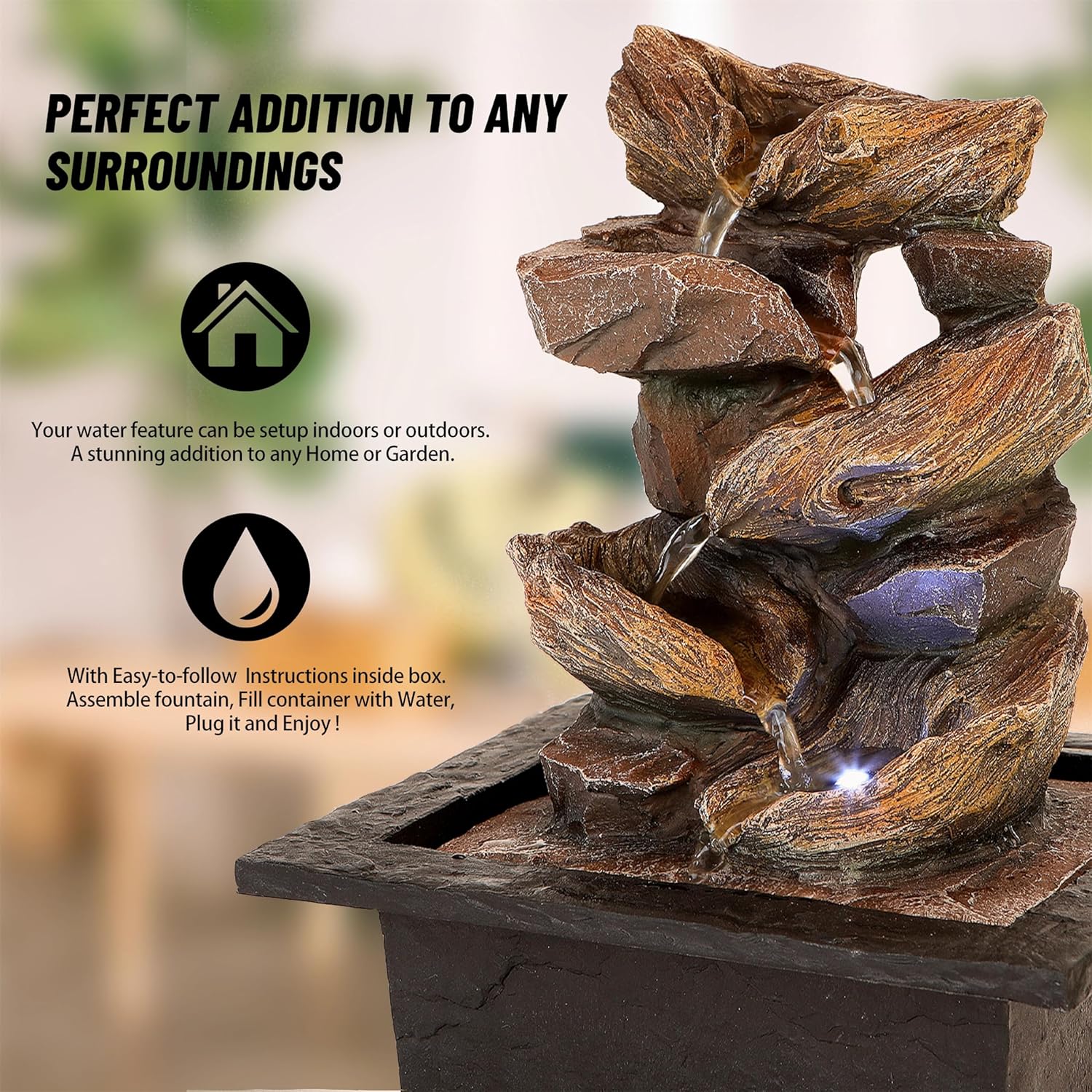 Father'sDen Collection 11-inch Waterfall Fountain Indoor - Tabletop Water Fountain - Indoor Fountains and Waterfalls with Soothing Sounds & In-Pot LED Light Enhancement