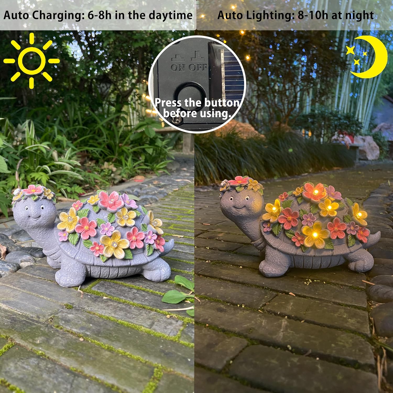 Solar Turtle Statues Garden Decor - Cute Turtle Figurine with Flowers Solar Lights, Tortoise Statue for Outdoor Yard, Lawn, Patio Decoration - Birthday Gifts for Mom Grandma Women