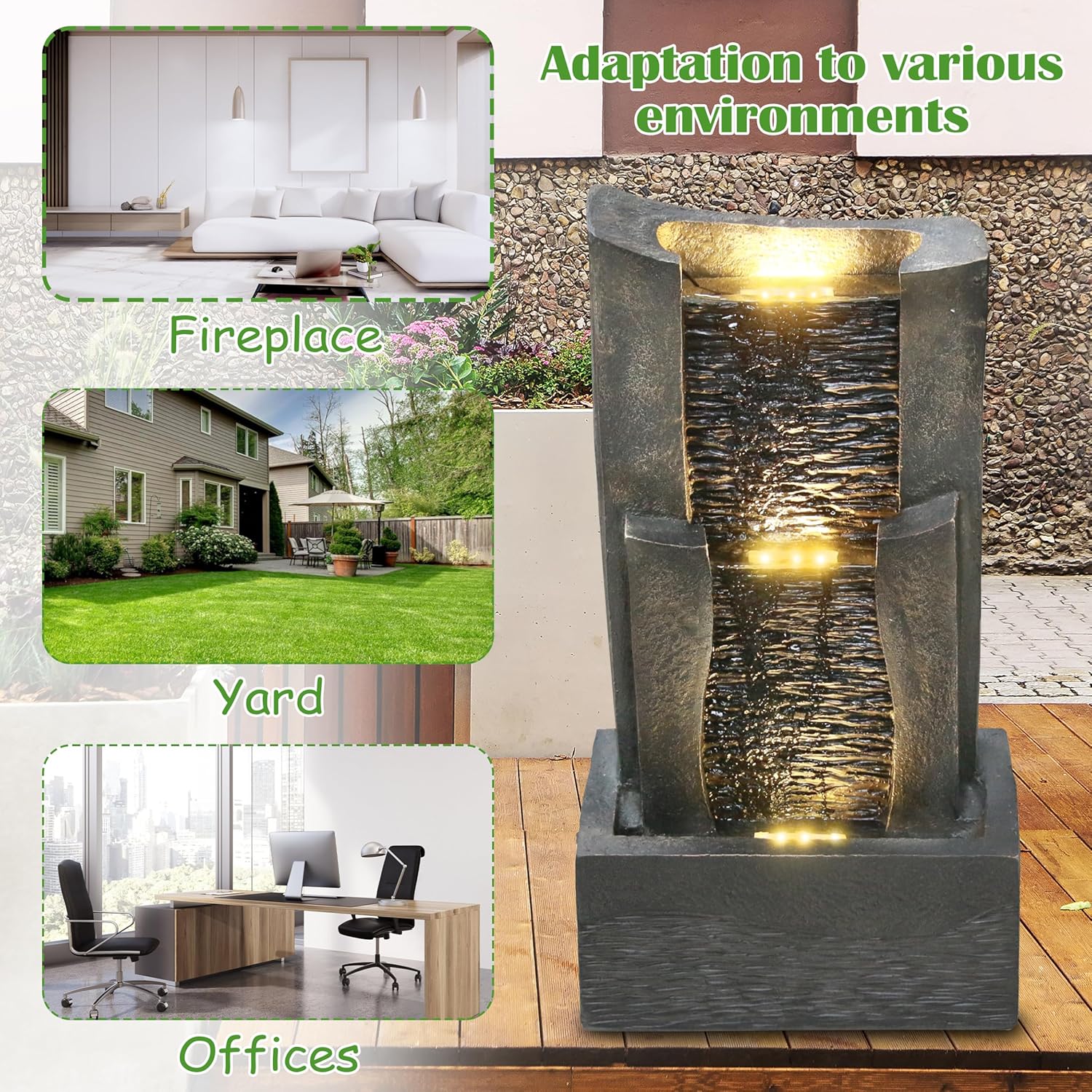 3-Tiers Outdoor Rock Water Fountain with LED Light, Standing Cascading Water Feature, Faux Stone Waterfalls Fountain Decor for Garden Patio Yard Lawn and Deck (Grey)