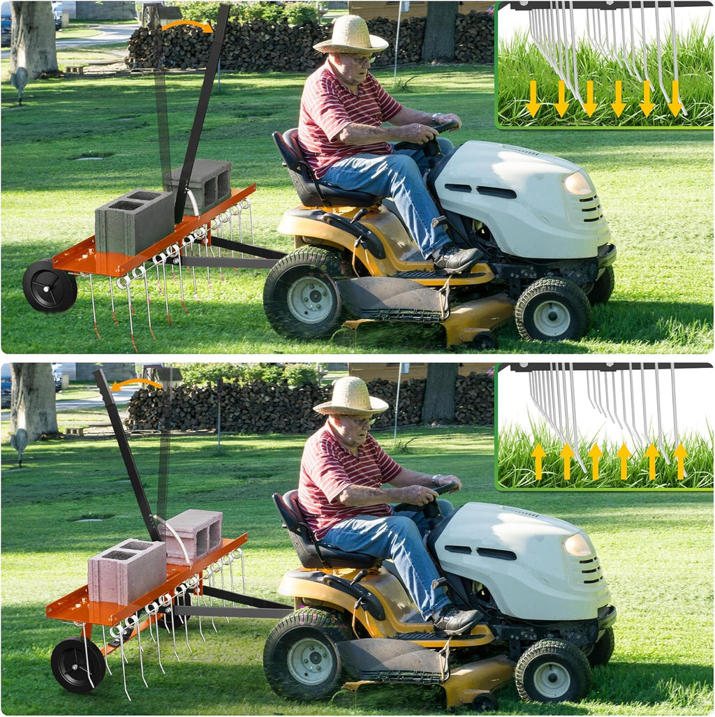 48 Inch Orange Tow-Behind Dethatcher with 24 Spring Steel Tines, Pull Dethatcher for Outdoor Yard Care, Garden Farm Grass Tractor Rake to Remove Thatch, Leaves and Needles from Large Lawn Areas
