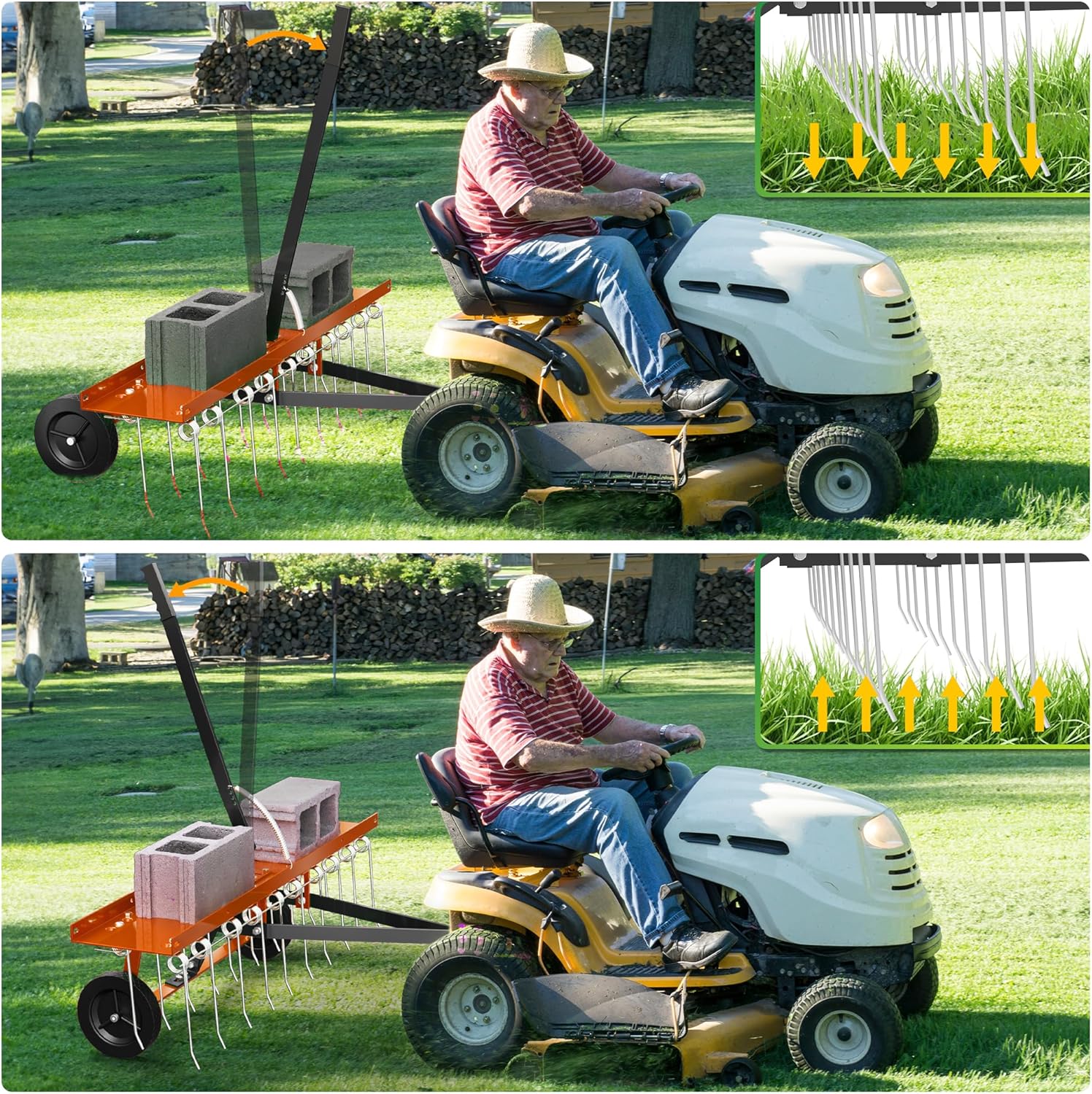 48 Inch Orange Tow-Behind Dethatcher with 24 Spring Steel Tines, Pull Dethatcher for Outdoor Yard Care, Garden Farm Grass Tractor Rake to Remove Thatch, Leaves and Needles from Large Lawn Areas