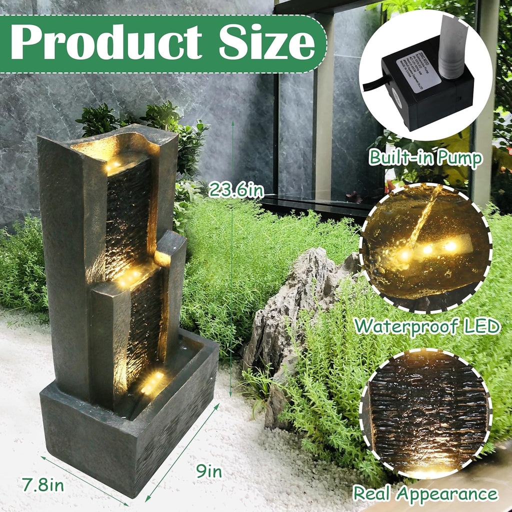 3-Tiers Outdoor Rock Water Fountain with LED Light, Standing Cascading Water Feature, Faux Stone Waterfalls Fountain Decor for Garden Patio Yard Lawn and Deck (Grey)