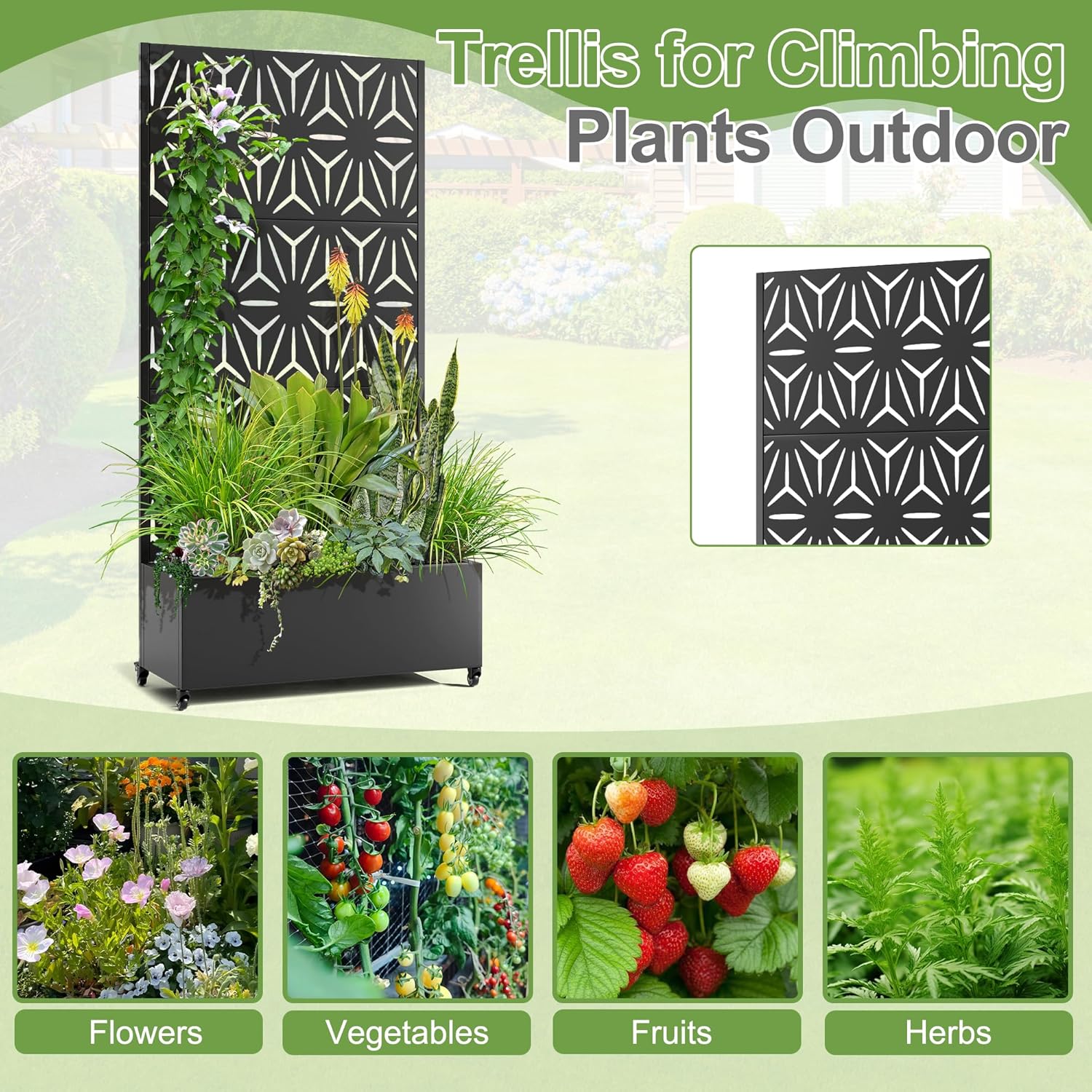 Raised Garden Bed with Trellis and Wheels,73"x35"x16" Metal Raised Garden Bed,Black Star Metal Planter with Climbing Trellis for Vines & Vegetables