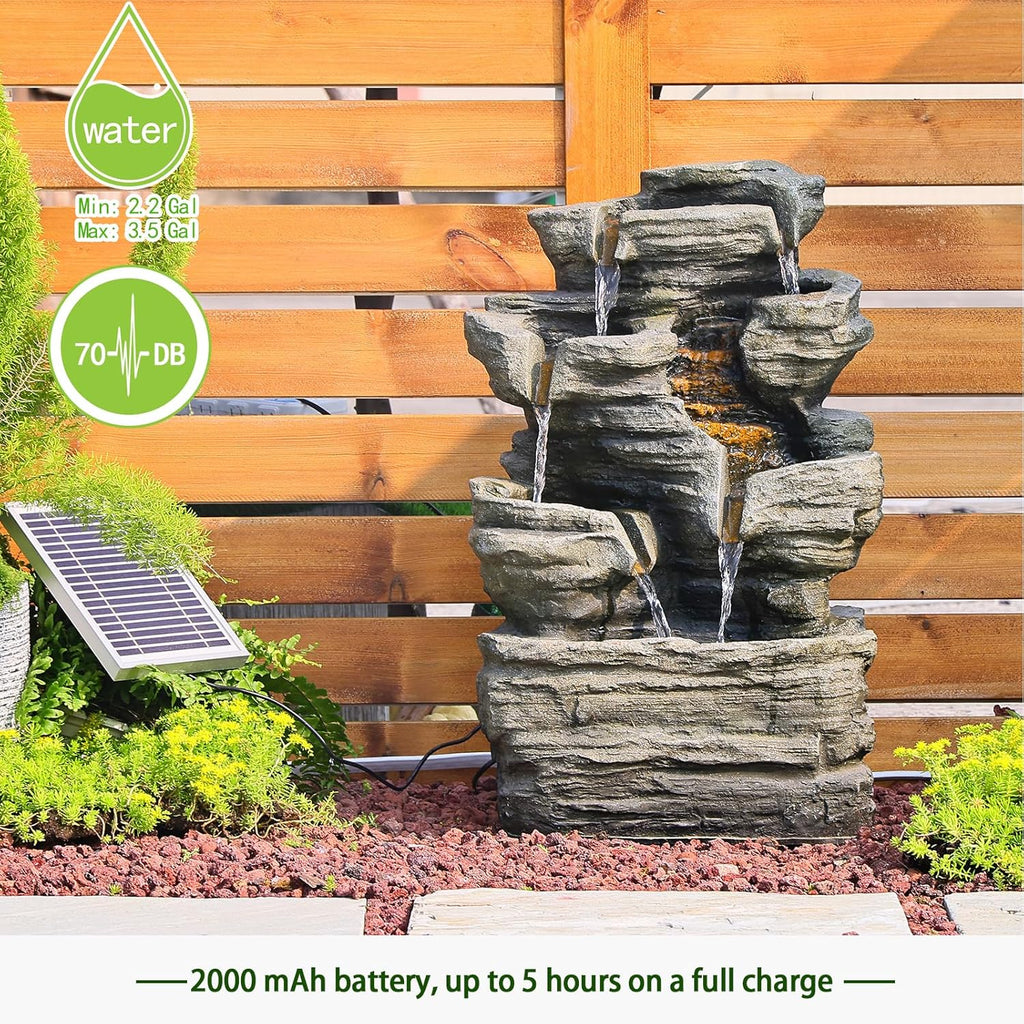 6 Tier Cascading Rock Solar Water Fountain Outdoor Garden Waterfall Decor for Garden, Patio, Backyard, Deck, Porch and Home Art Decor,24.4" H Outdoor Fountain with LED Lights