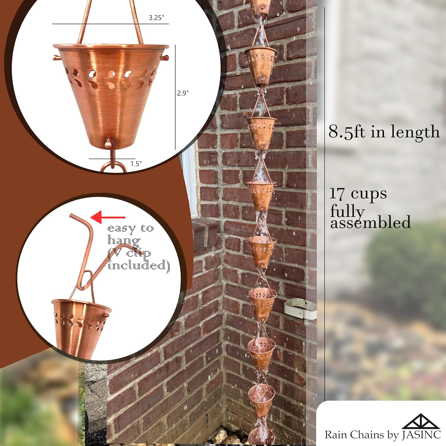 8.5 ft Fiona Cups Pure Copper, to Replace Roof Gutter Downspout, with Installation Kit, Rainwater Catcher/Water Diverter, JAS3004C