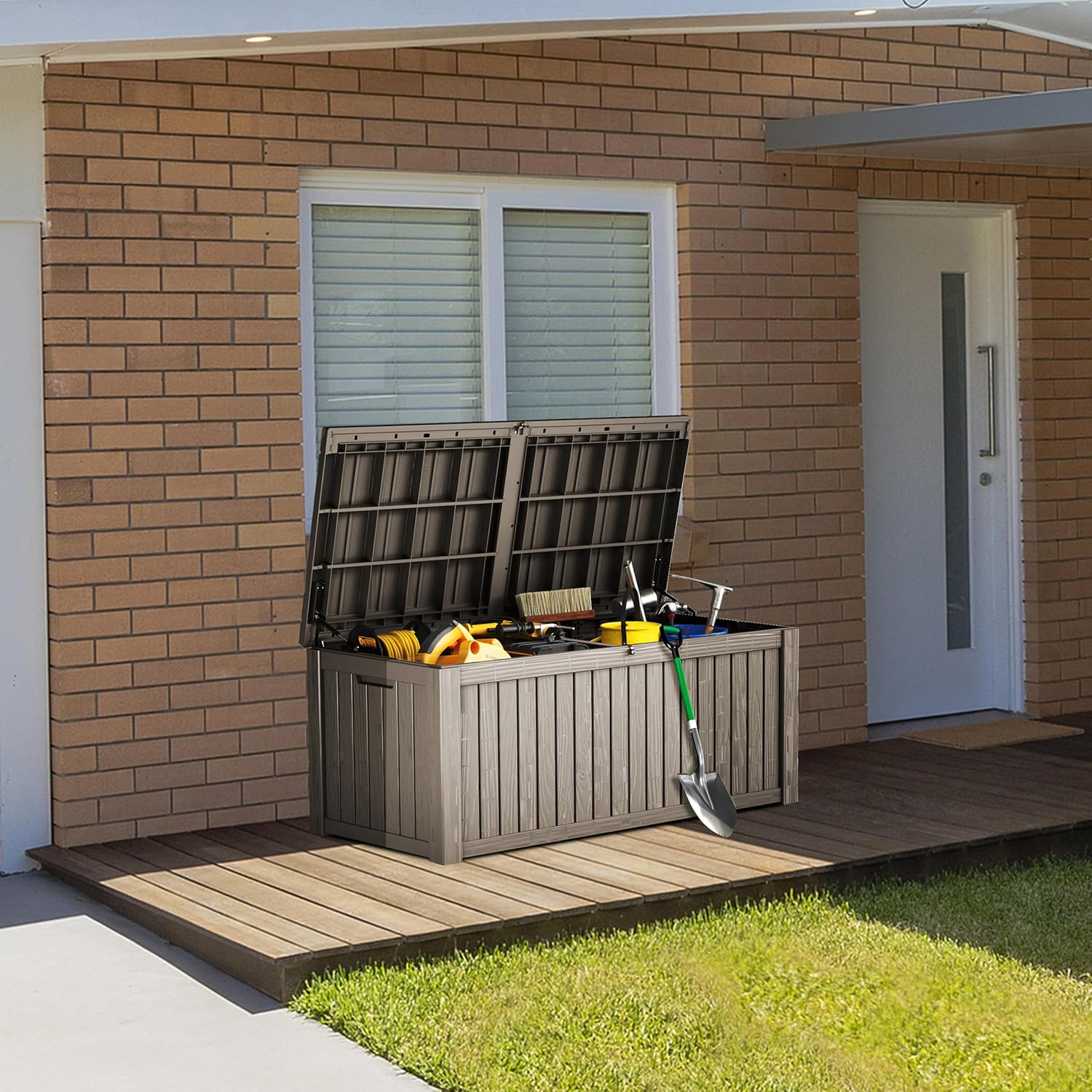 150 Gallon Double-Wall Resin Deck Box - Lockable Waterproof Outdoor Storage Box, 1000lbs Capacity & Doubles as Seating for Patio Furniture - Garden Tools, Pool Accessories (Brown)