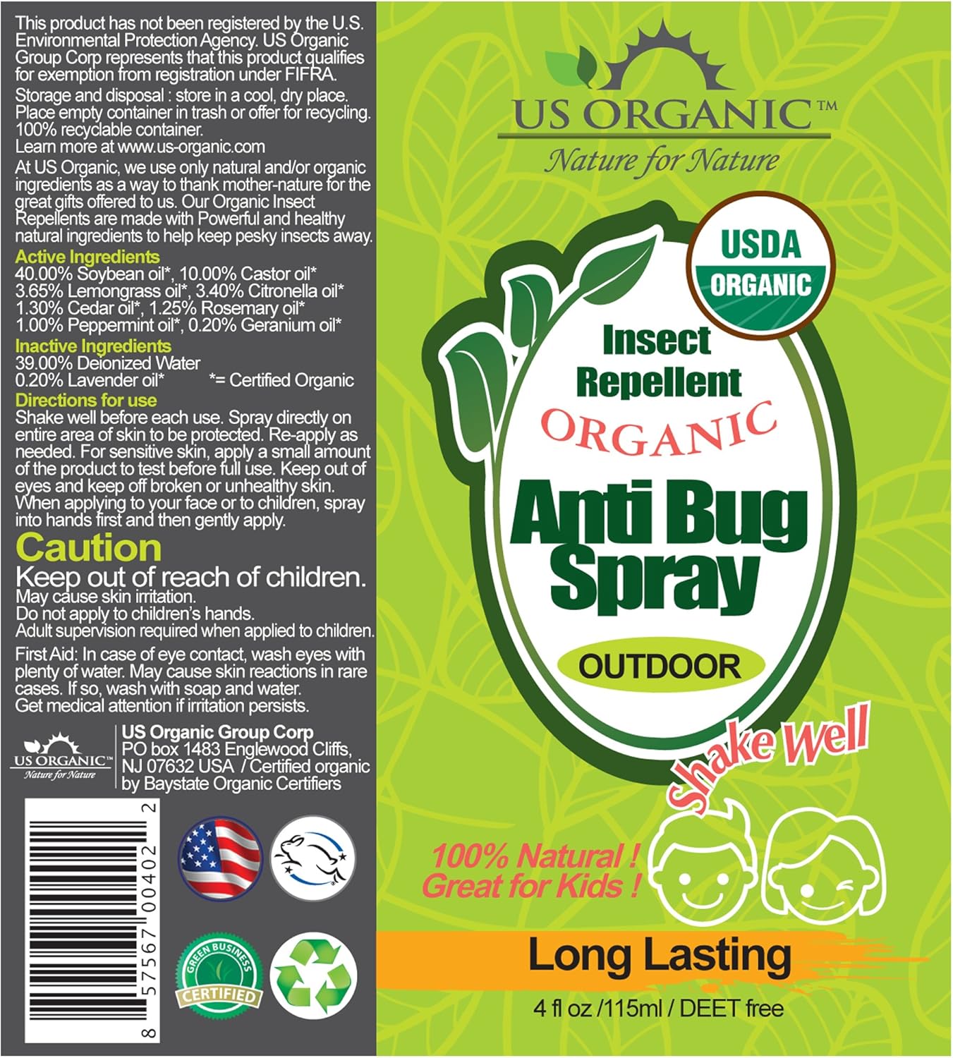 US Organic Mosquito Repellent Anti Bug Outdoor Pump Spray, 4 oz, Certified Organic, DEET-Free, Natural Insect Protection for Camping, Hiking, Travel