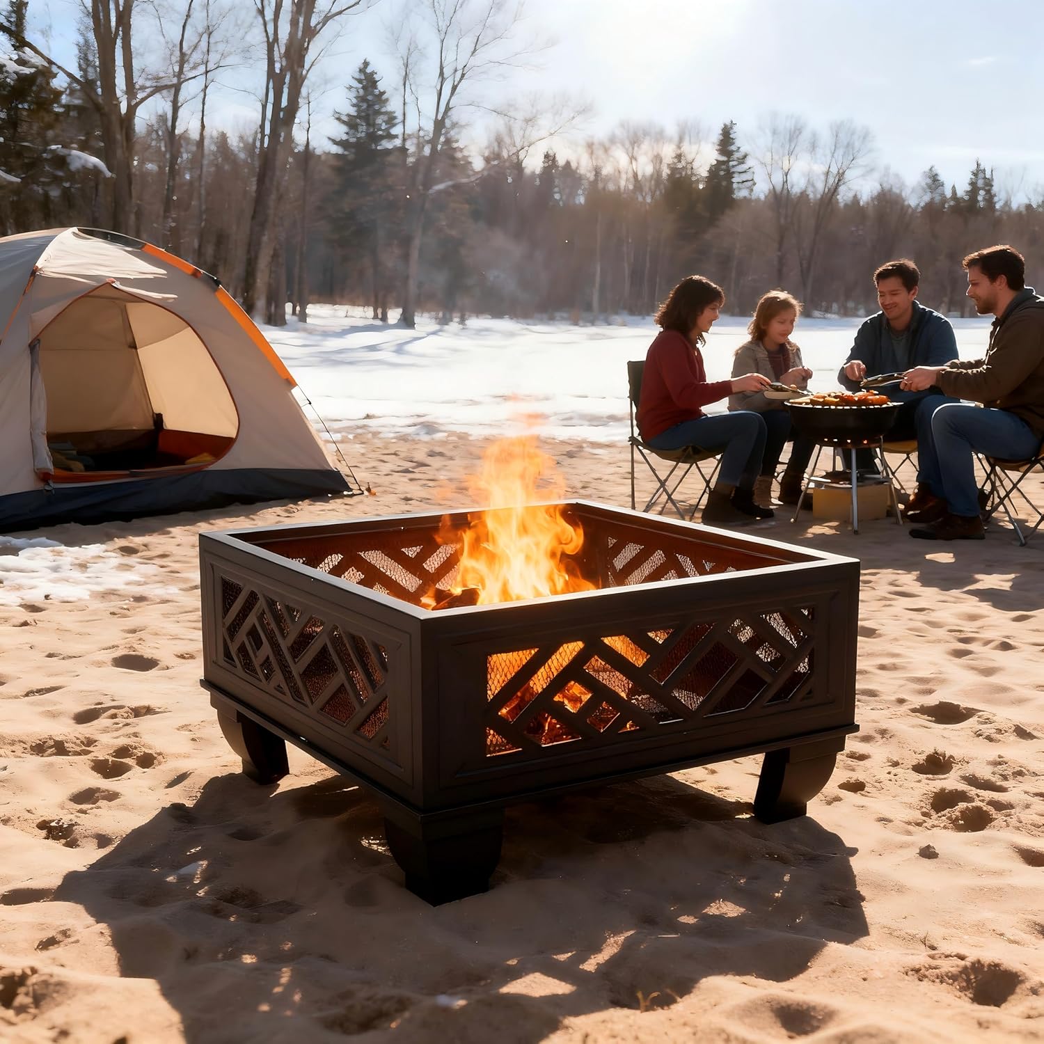 Breezz Update Version 26 Inch Wood Burning Fire Pit with Cooking Grill and Spark Screen, Outdoor Metal Firepit for Patio, Backyard, Bonfire Party, Camping and Garden