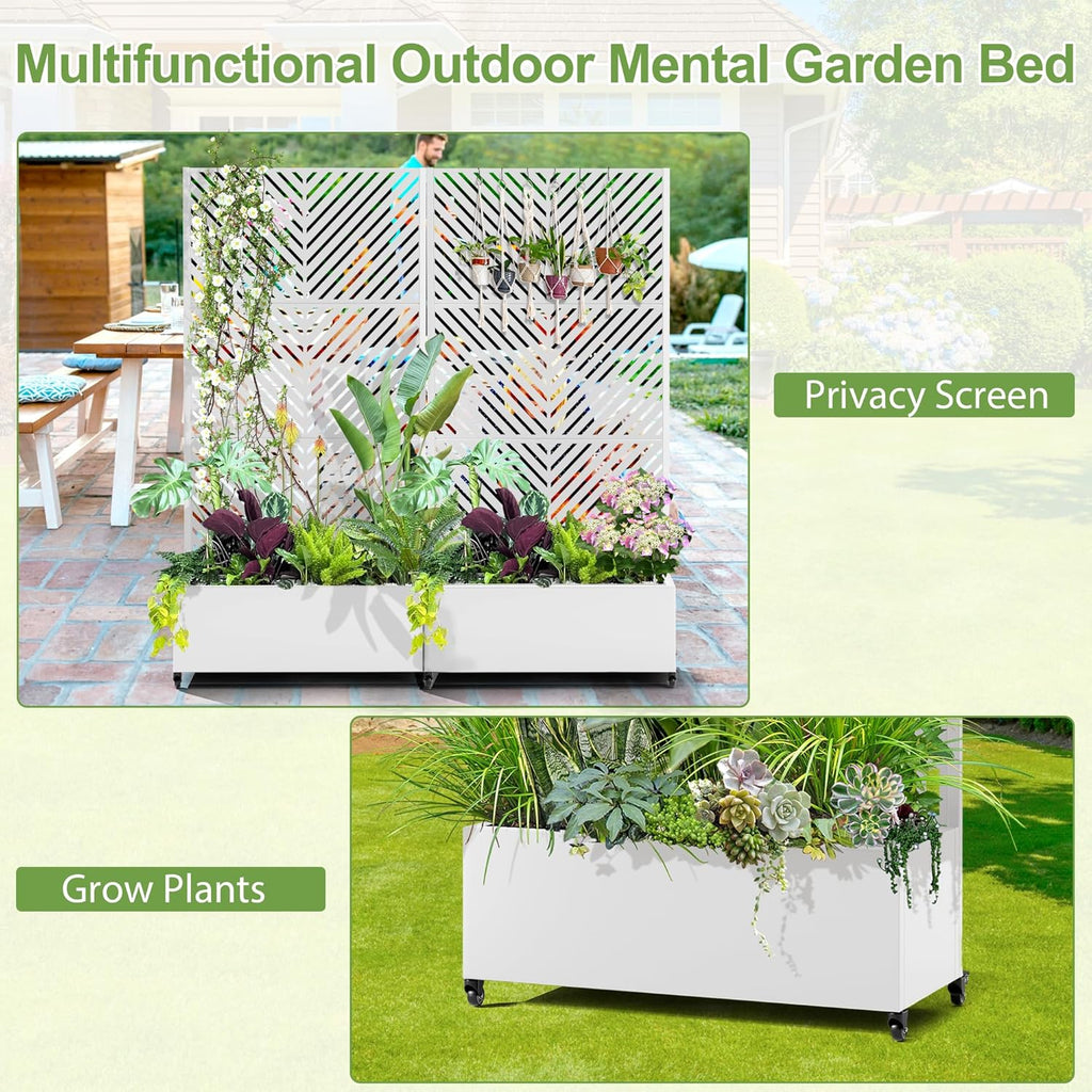 Raised Garden Bed with Trellis and Wheels,73"x35"x16" Metal Raised Garden Bed,White Parallel Metal Planter with Climbing Trellis for Vines & Vegetables