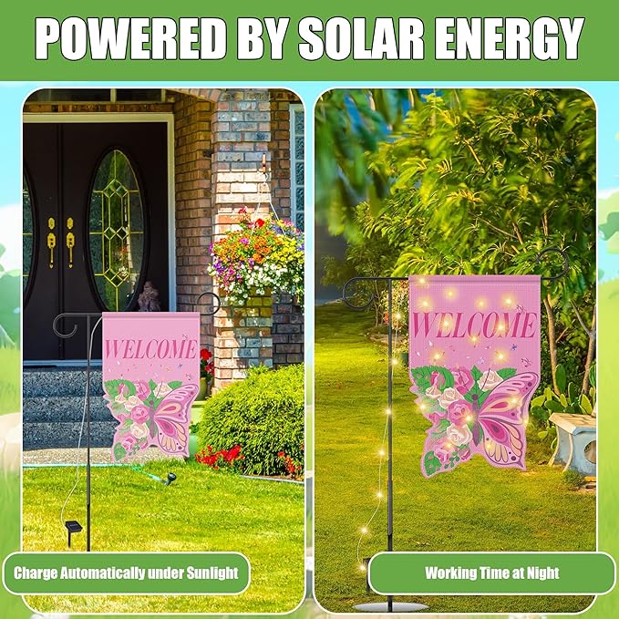 12 Set Seasonal Garden Flags 8 Modes Solar LED Double Sided 12 x 18 Inch Small Yard Flag Outdoor Lighted Spring Summer Easter Graduation Memorial Day Garden Decor for All Seasons, 12 Styles