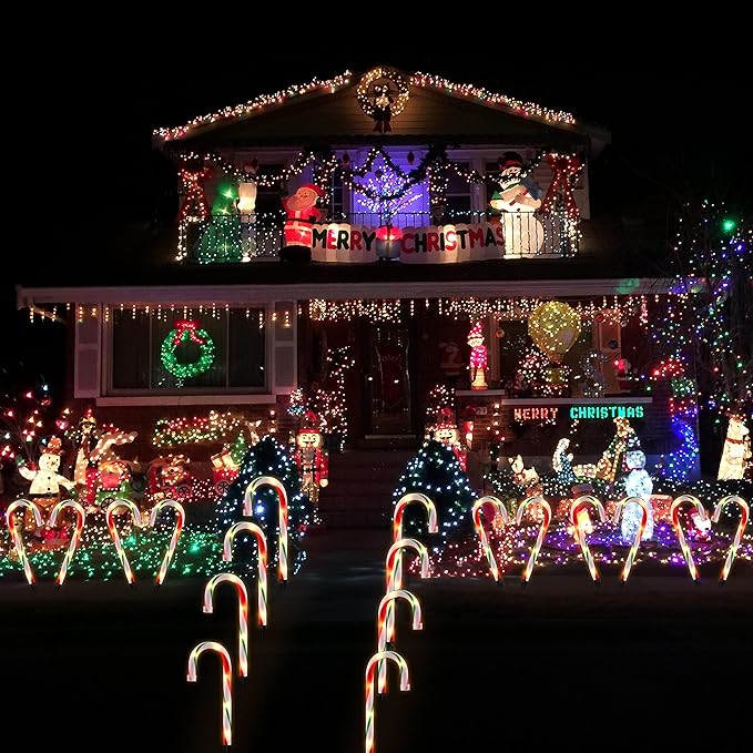 10" Christmas Candy Cane Lights - Set of 10 Pathway Markers Christmas Outdoor Yard Decorations, Xmas Candy Canes Stake Lights for Lawn Walkway Garden, Xmas Party Indoor Ornaments