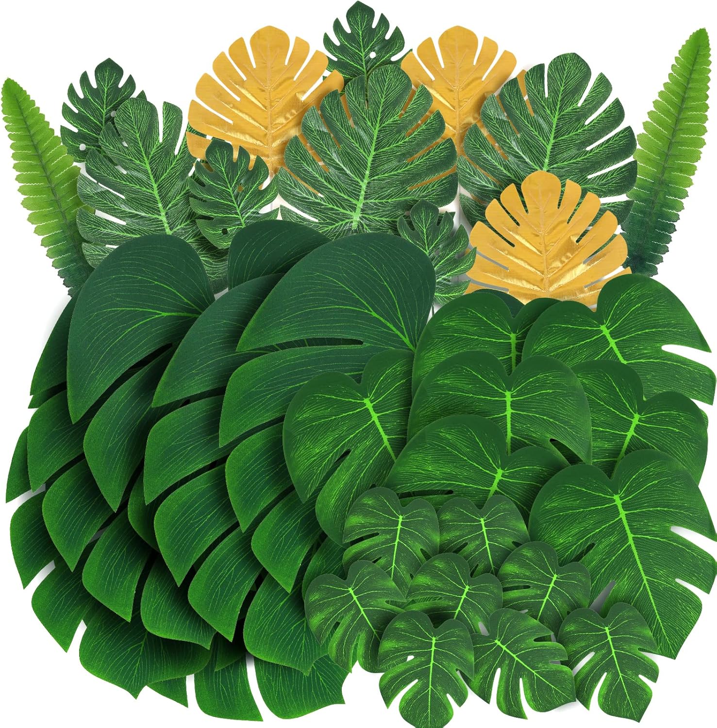 RECUTMS Artificial Tropical Palm Leaves 72Pcs 7 Kinds Green Gold Fake Monstera Leaf with Stem for Safari Jungle Hawaiian Luau Beach Baby Shower Wedding Birthday Party Table Summer Spring Decoration