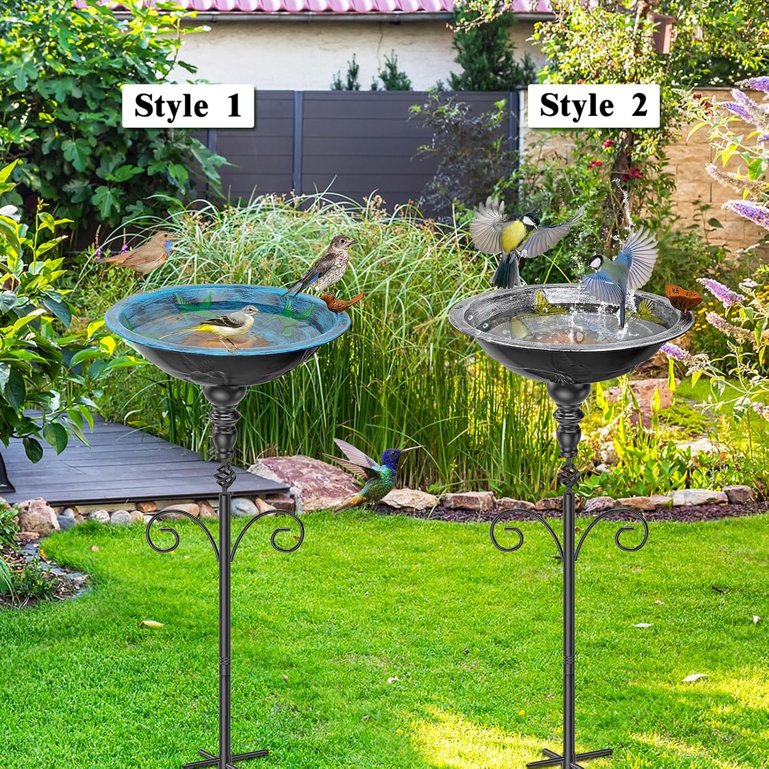 35.4" Tall Bird Bath for Outside, Vintage Metal Birdbaths Bowl with 5 Prong Bases for Outdoors, Freestanding Birdfeeder with Hummingbird Carving for Garden Yard Lawn Decor (Vintage Silver)