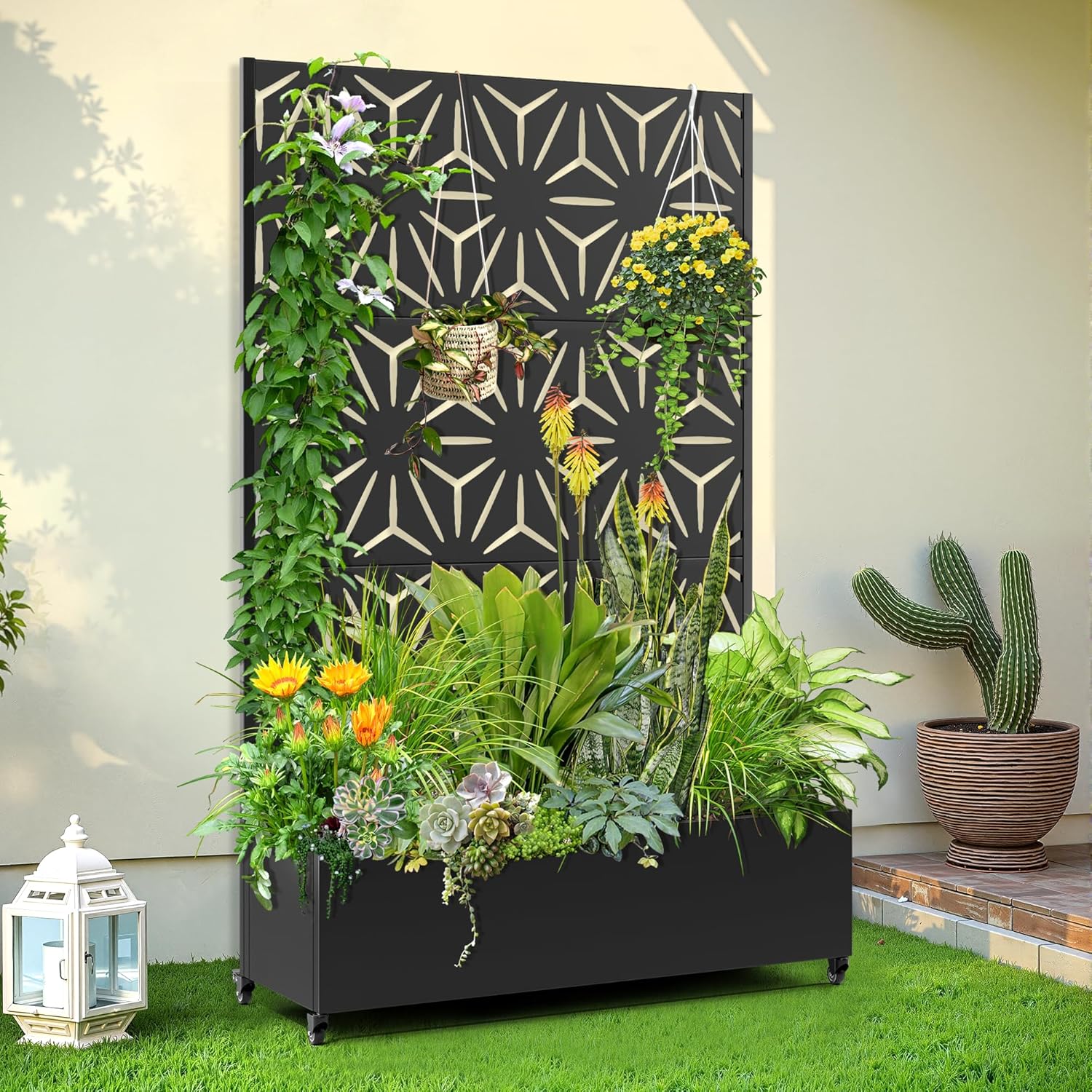 Raised Garden Bed with Trellis and Wheels,73"x47"x16" Metal Raised Garden Bed,Black Star Metal Planter with Climbing Trellis for Vines & Vegetables