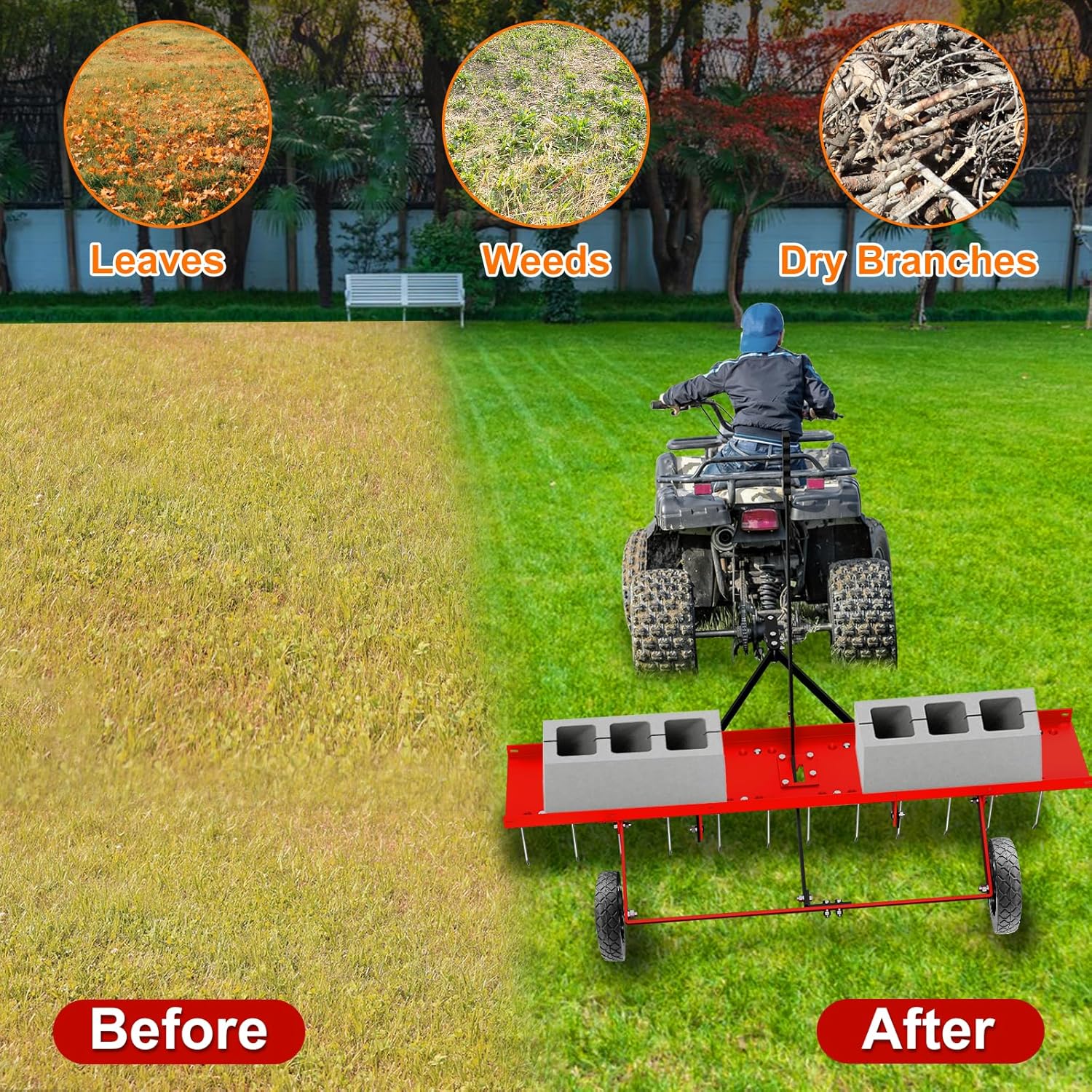 40inch Tow Behind Dethatcher with 20 Spring Steel Tines, Lawn Tractor Rakes with Lift Handle, Tow Behind Rake to Remove Thatch, Riding Lawn Mower Attachments for Outdoor Yard Tools Lawn Care