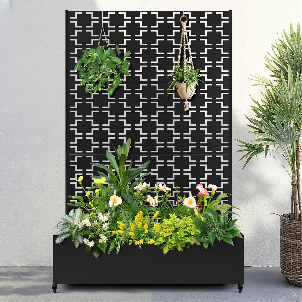 FENCY Metal Raised Garden Bed with Wheels and Trellis,73"x47"x16" Planter Box for Climbing Plants, Vegetables & Vines, Features Privacy Screen and Drainage Holes (Black-Square)
