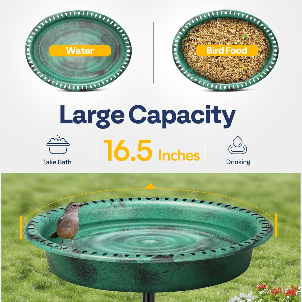 VIVOHOME Oval Polyresin Bird Bath Bowl with Solar Fountain, 29 Inch Height Outdoor Freestanding Birdfeeder with Metal Stake, Capacity 1.3 Gallons, 5-Pronged Base, Green