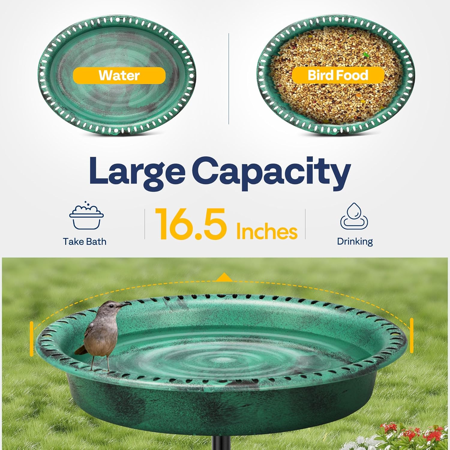 VIVOHOME Oval Polyresin Bird Bath Bowl with Solar Fountain, 29 Inch Height Outdoor Freestanding Birdfeeder with Metal Stake, Capacity 1.3 Gallons, 5-Pronged Base, Green