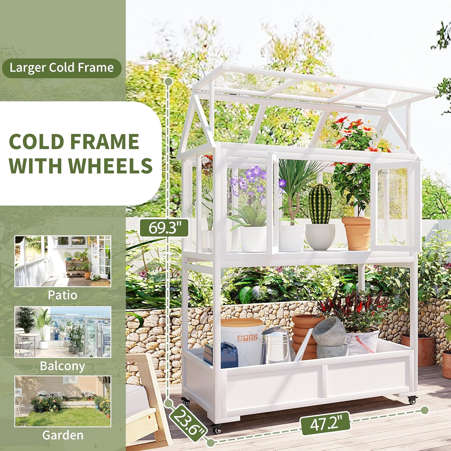 Merax 69.3" H Wood Garden Greenhouse, Balcony Portable Mini Cold Frame with Wheels, Movable Storage Box and Openable Roof, Flower Plants Shelf for Balcony Outdoor Indoor Backyard, White