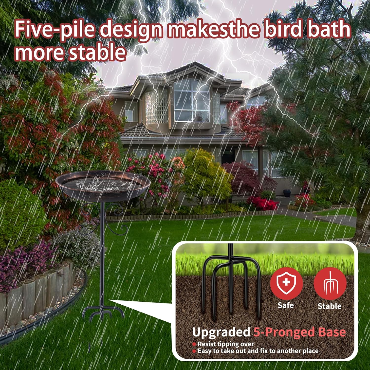 35In Metal Bird Bath for Outside, Garden Bird Bath with 5-Pronged Base, Vintage Freestanding Birdbath and Birdfeeder for Outdoor, Baths Feeder Bowl for Outdoors Garden Patio Yard Lawn Decor