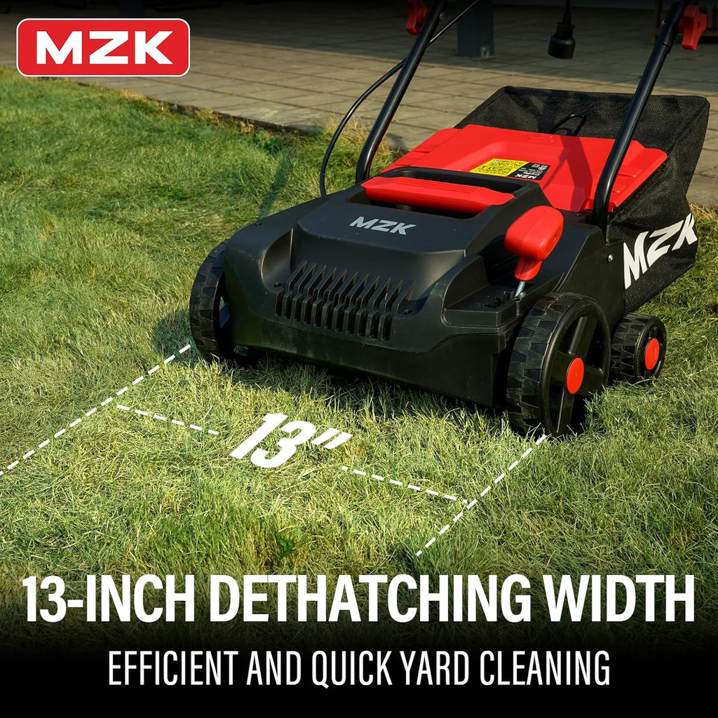 MZK 13-inch 13-Amp 2-in-1 Electric Dethatcher and Scarifier w/Removeable 4-Position Height Adjustment,Lawn dethatcher w/8-Gallon Thatch Collection Bag,Keep Lawn Health (DS13A04)