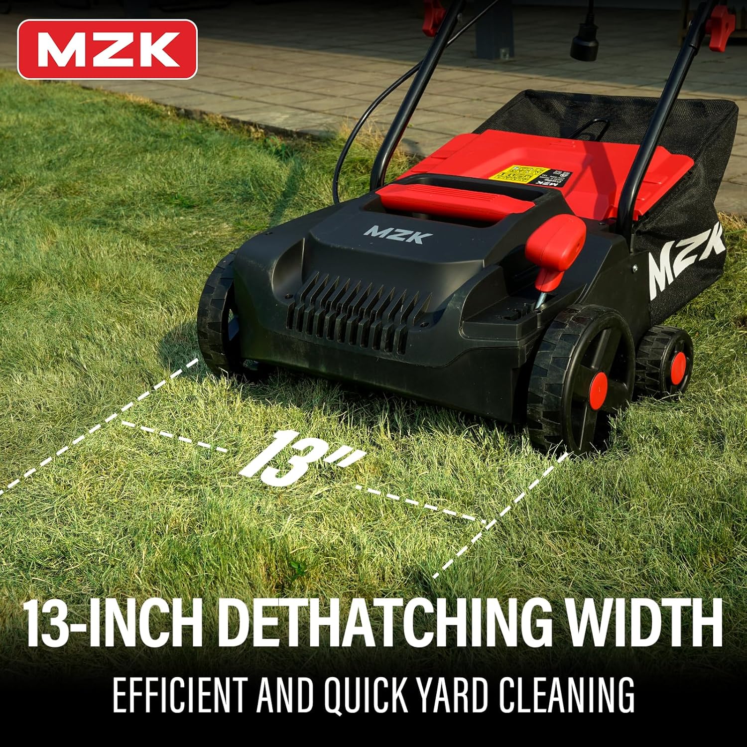 MZK 13-inch 13-Amp 2-in-1 Electric Dethatcher and Scarifier w/Removeable 4-Position Height Adjustment,Lawn dethatcher w/8-Gallon Thatch Collection Bag,Keep Lawn Health (DS13A04)