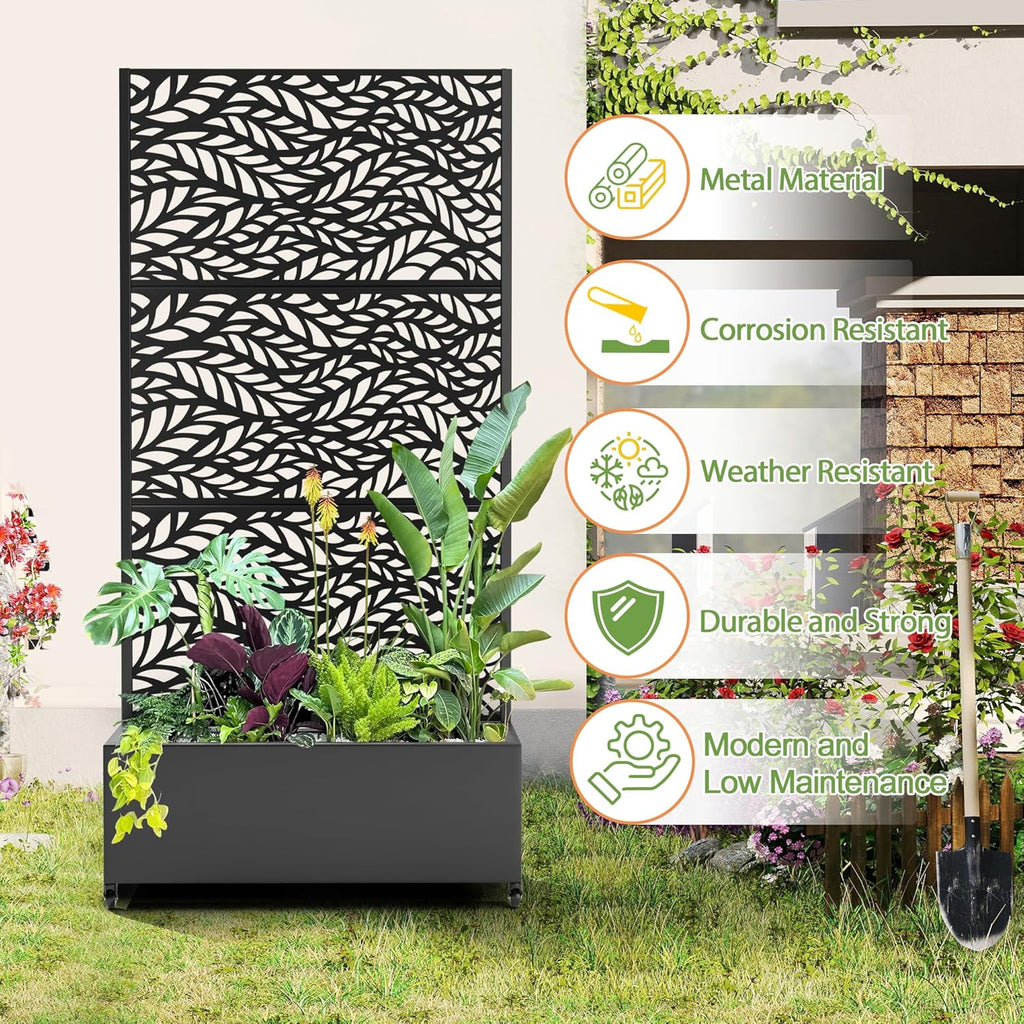 Raised Garden Bed with Trellis and Wheels,73"x35"x16" Metal Raised Garden Bed,Black Flowing Leaf Metal Planter with Climbing Trellis for Vines & Vegetables